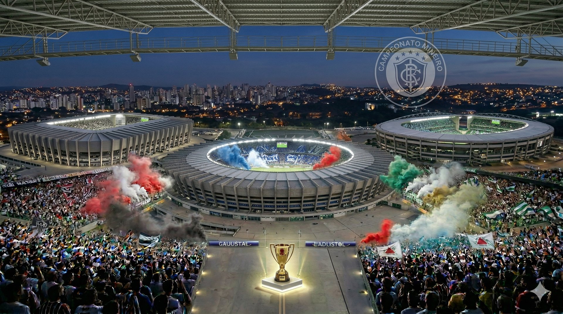 Estádios mineiros vistos por fora com torcida vibrando, fumaça colorida e o troféu do Campeonato Mineiro em destaque.