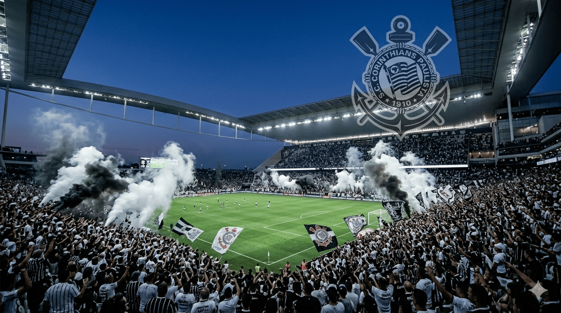 Vista panorâmica imponente da Neo Química Arena lotada com a Fiel vibrando em noite de jogo.