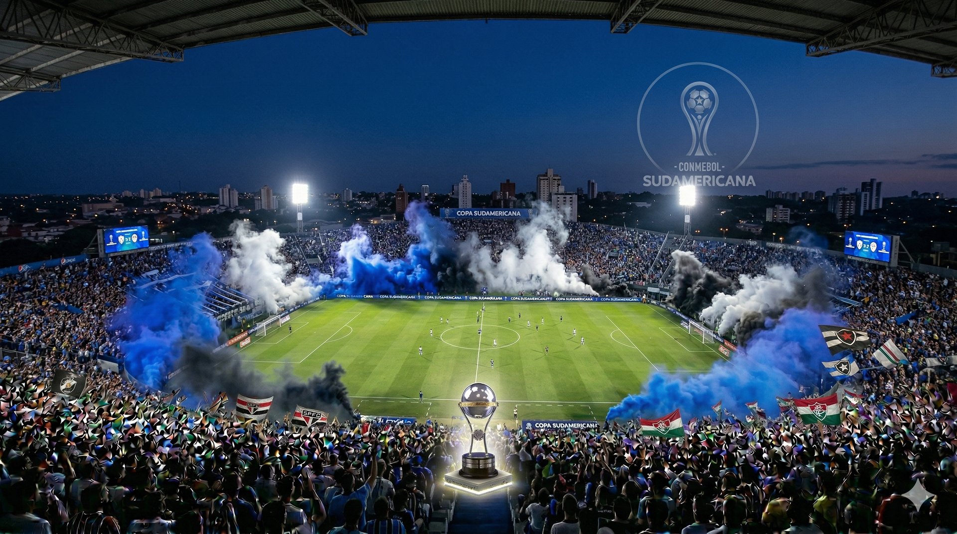 Vista panorâmica imponente do Independência lotado com fumaça colorida e o escudo da Sul-Americana em noite de jogo.