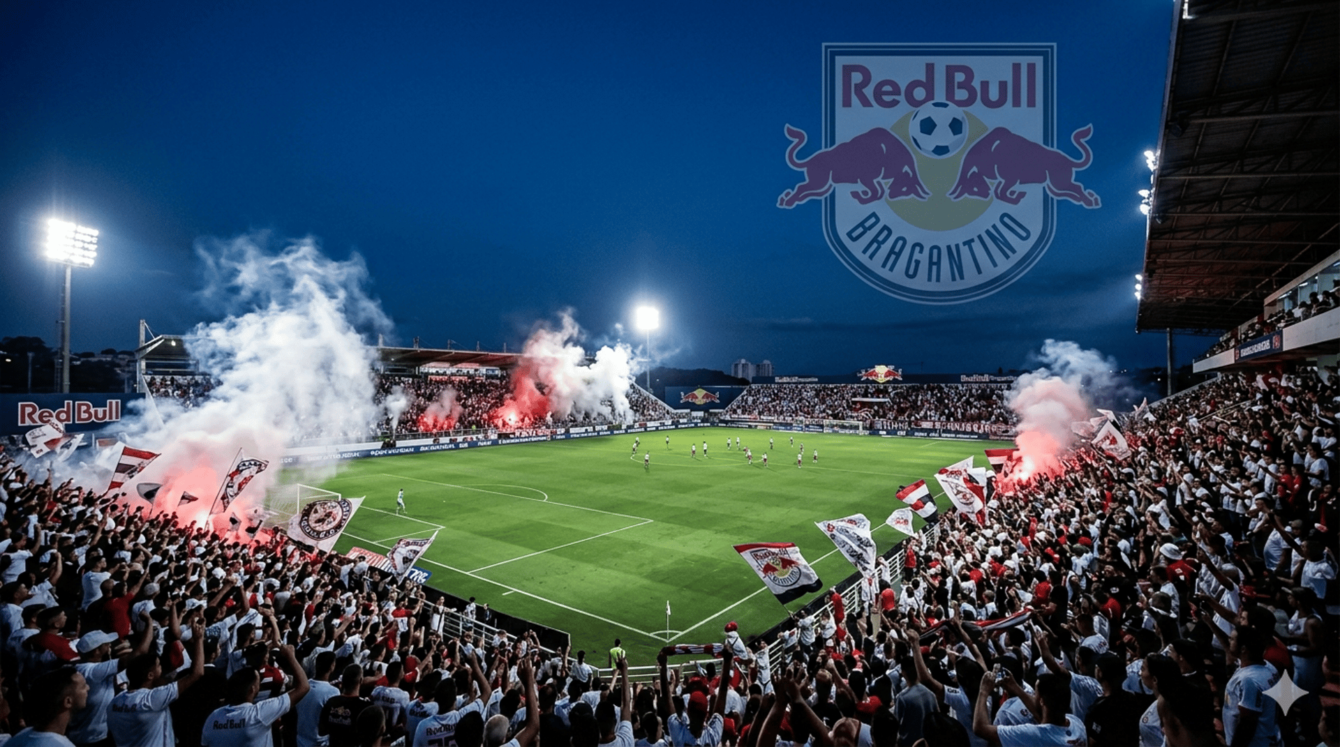 Vista panorâmica imponente do Estádio Nabi Abi Chedid lotado com o Massa Bruta vibrando em noite de jogo.