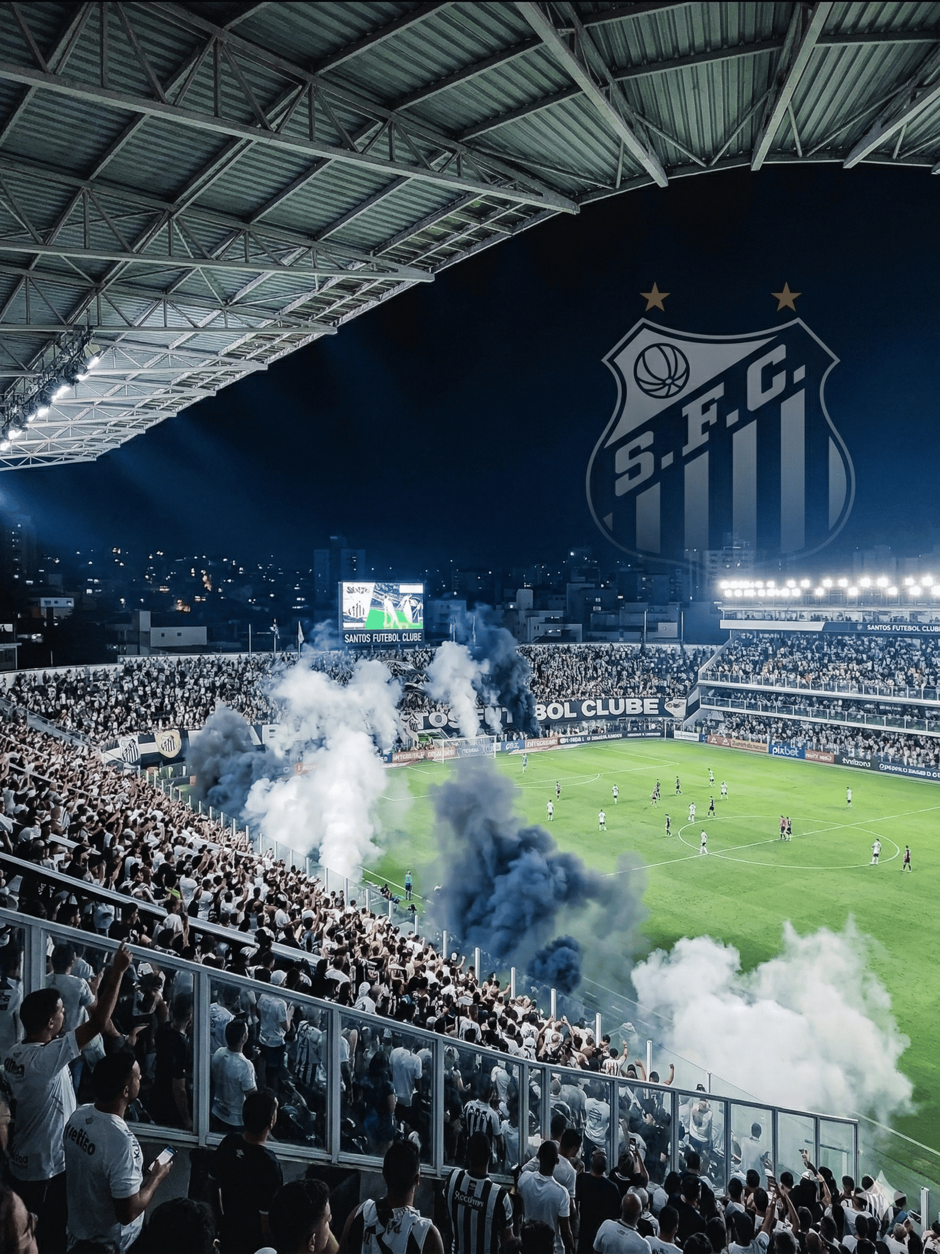 Vista panorâmica imponente da Vila Belmiro lotada com a Torcida Santista vibrando em noite de jogo.