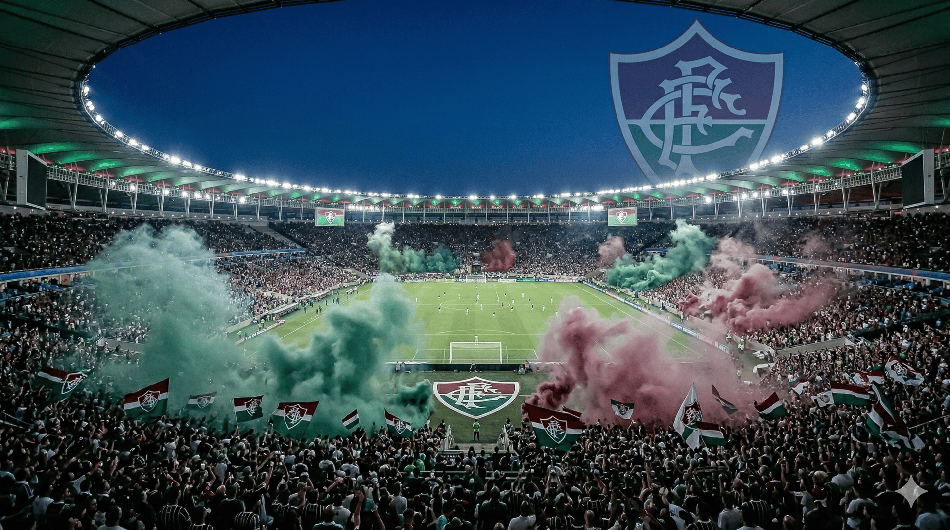 Maracanã lotado com a torcida tricolor do Fluminense vibrando em noite de jogo.