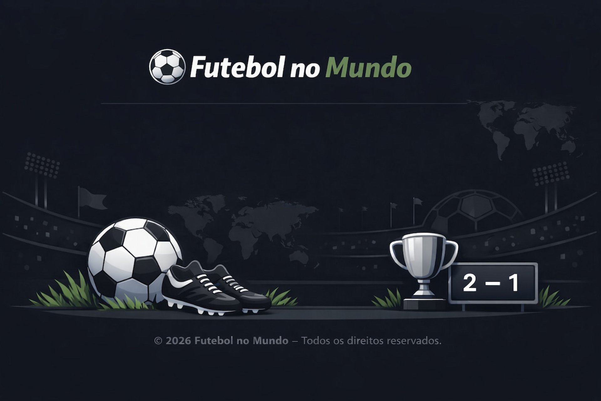 Rodapé Futebol no Mundo com bola, troféu e placar. © 2026 Futebol no Mundo – Todos os direitos reservados.