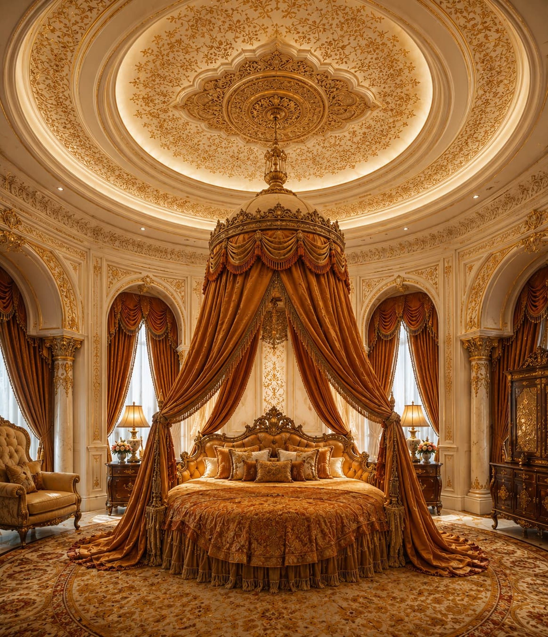 A neatly made bed with a patterned mattress and pillows.