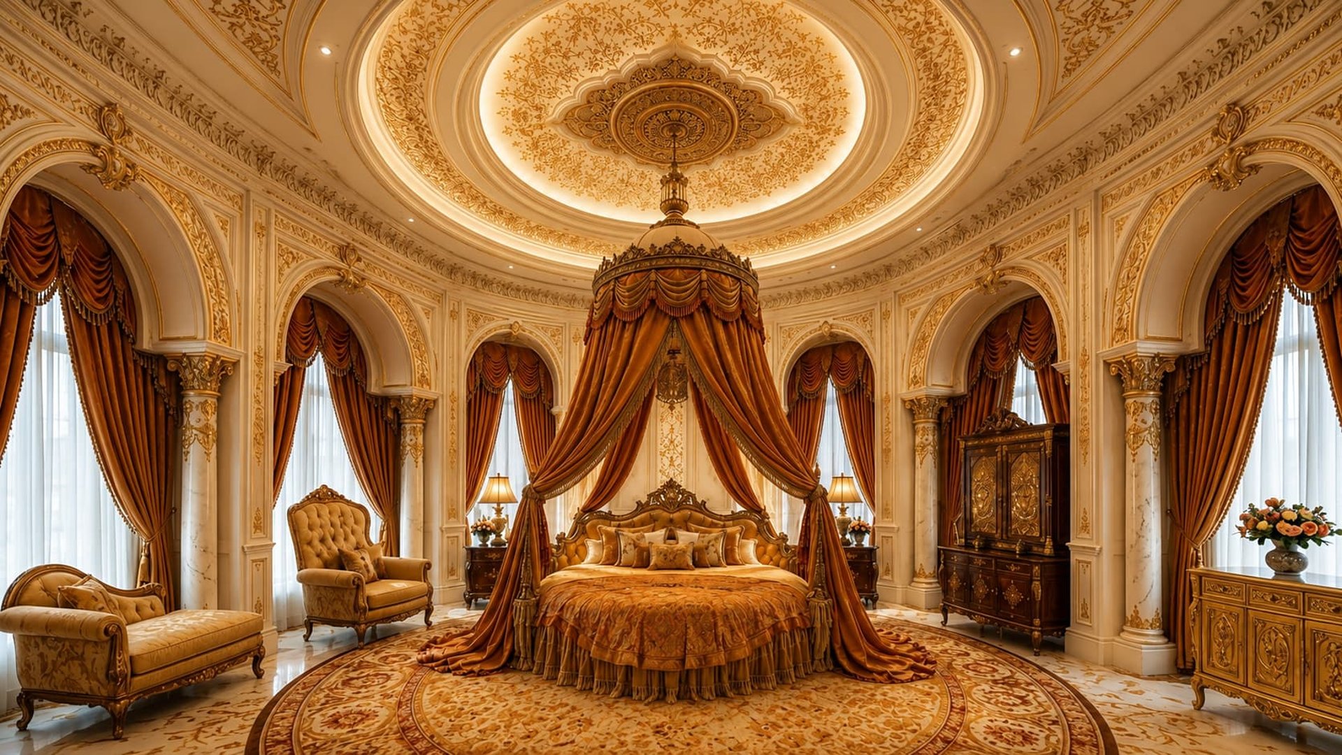 A neatly made bed with a patterned mattress and pillows.