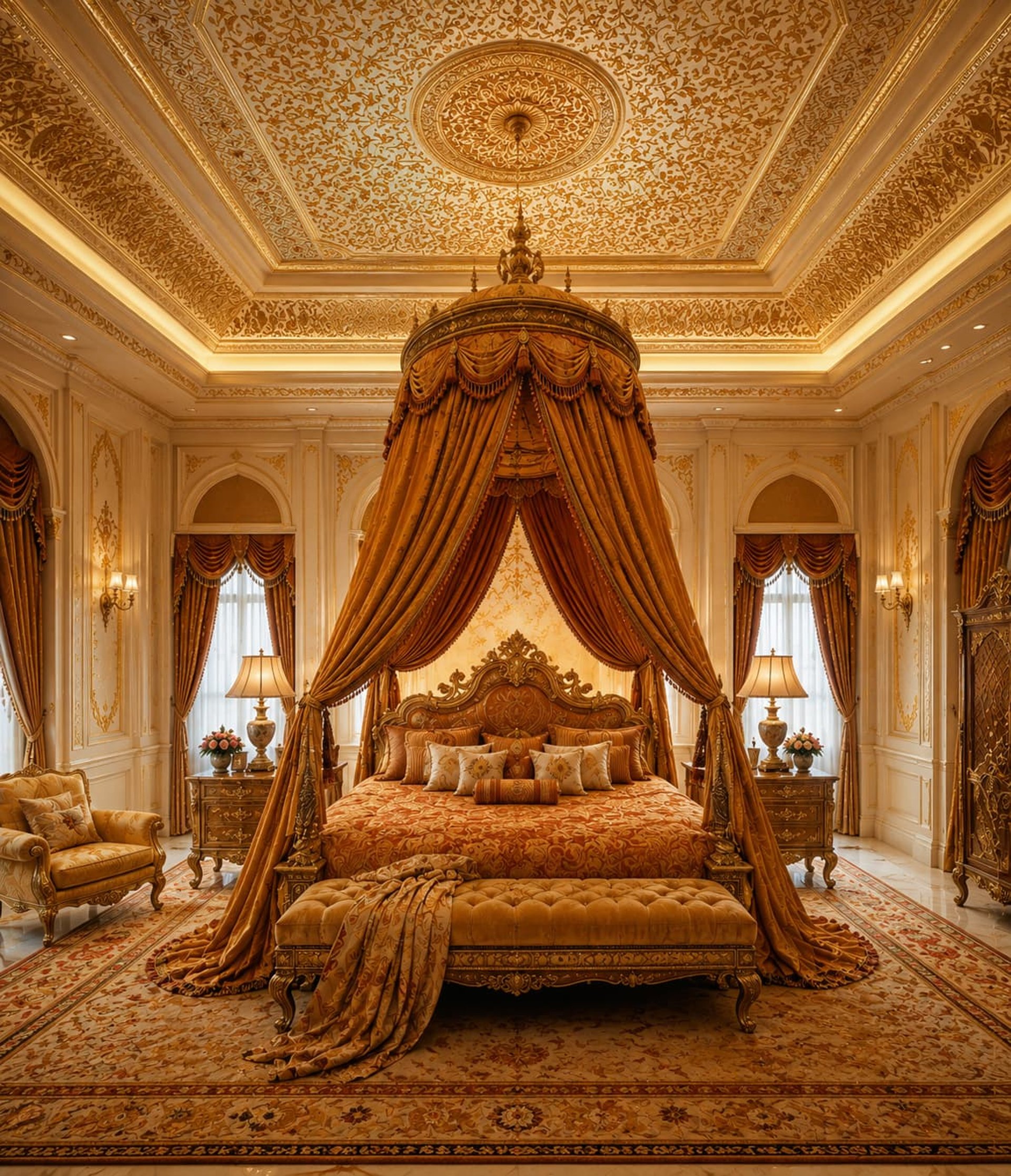 A neatly made bed with a patterned mattress and pillows.