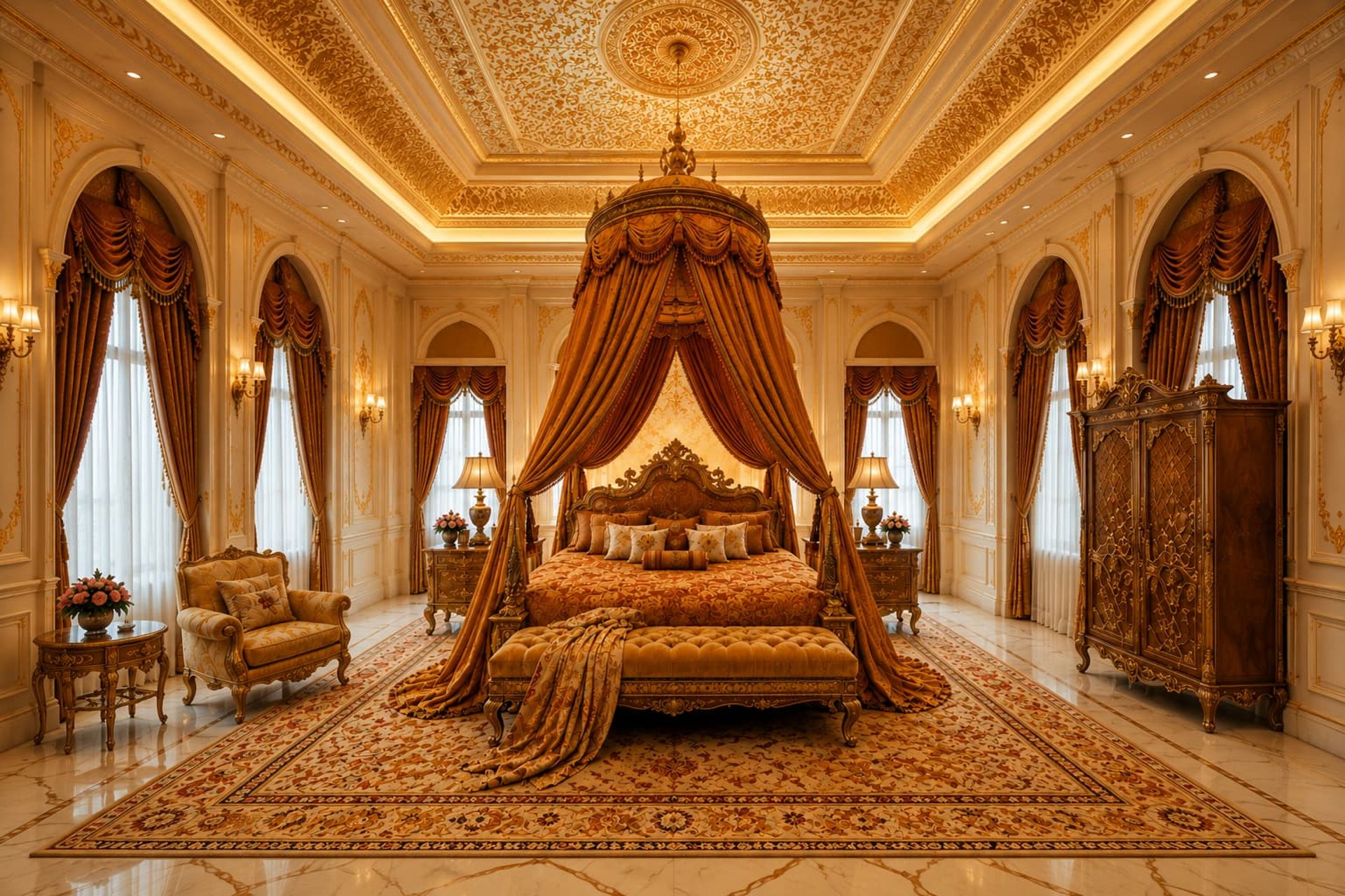 A neatly made bed with a patterned mattress and pillows.