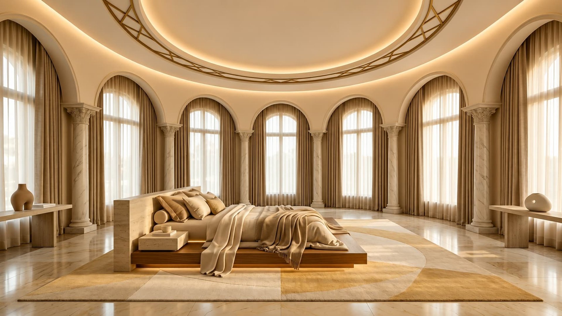 A neatly made bed with a patterned mattress and pillows.