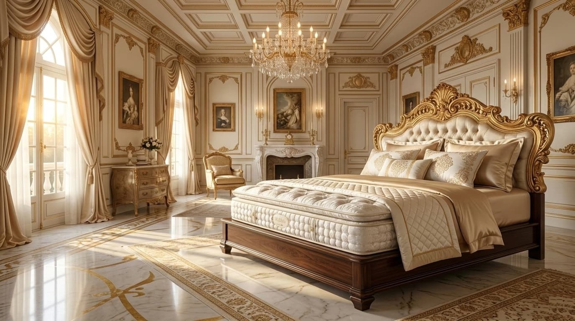 A neatly made bed with a patterned mattress and pillows.