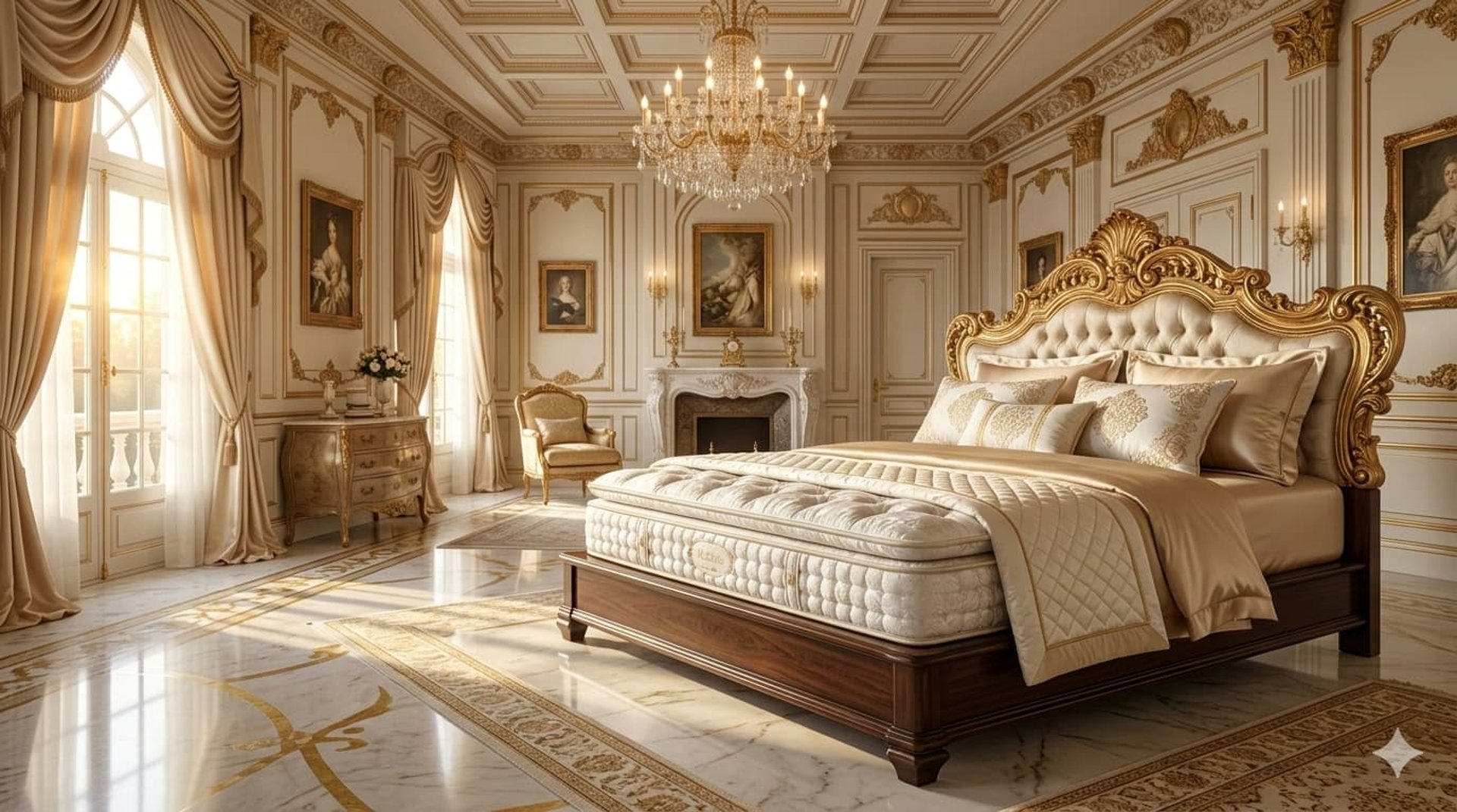 A neatly made bed with a patterned mattress and pillows.