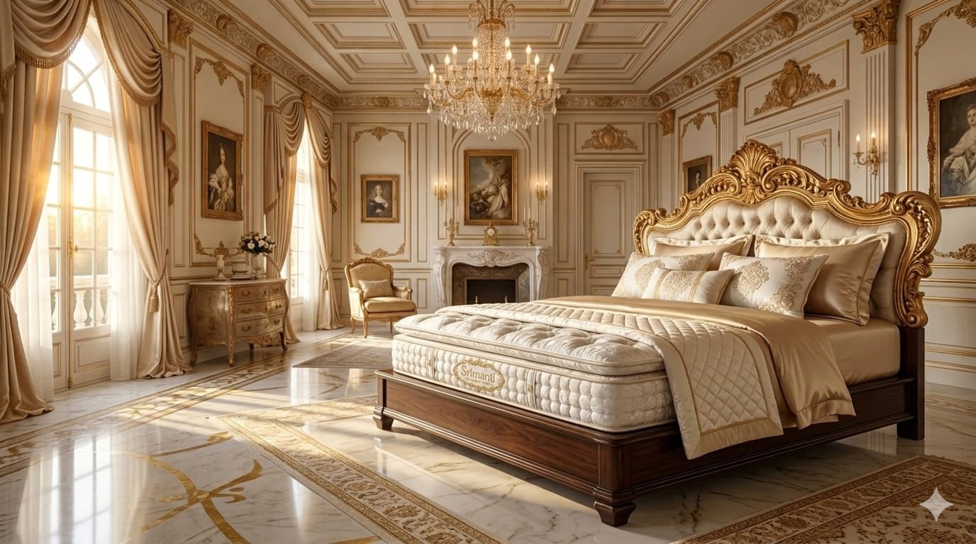 A neatly made bed with a patterned mattress and pillows.