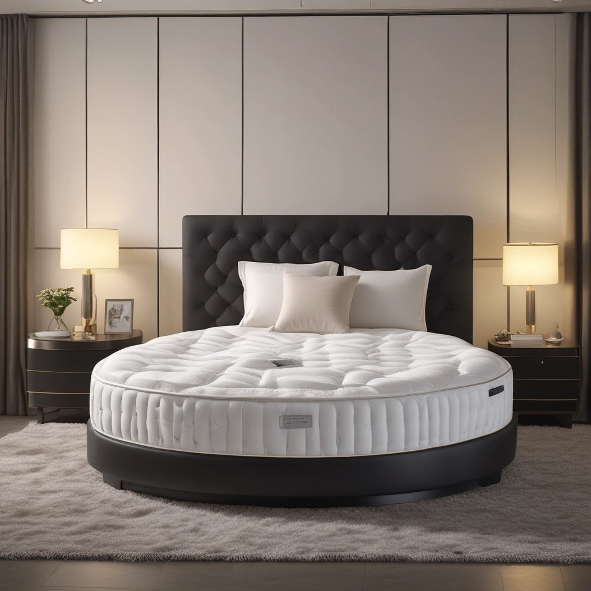 A neatly made bed with a patterned mattress and pillows.