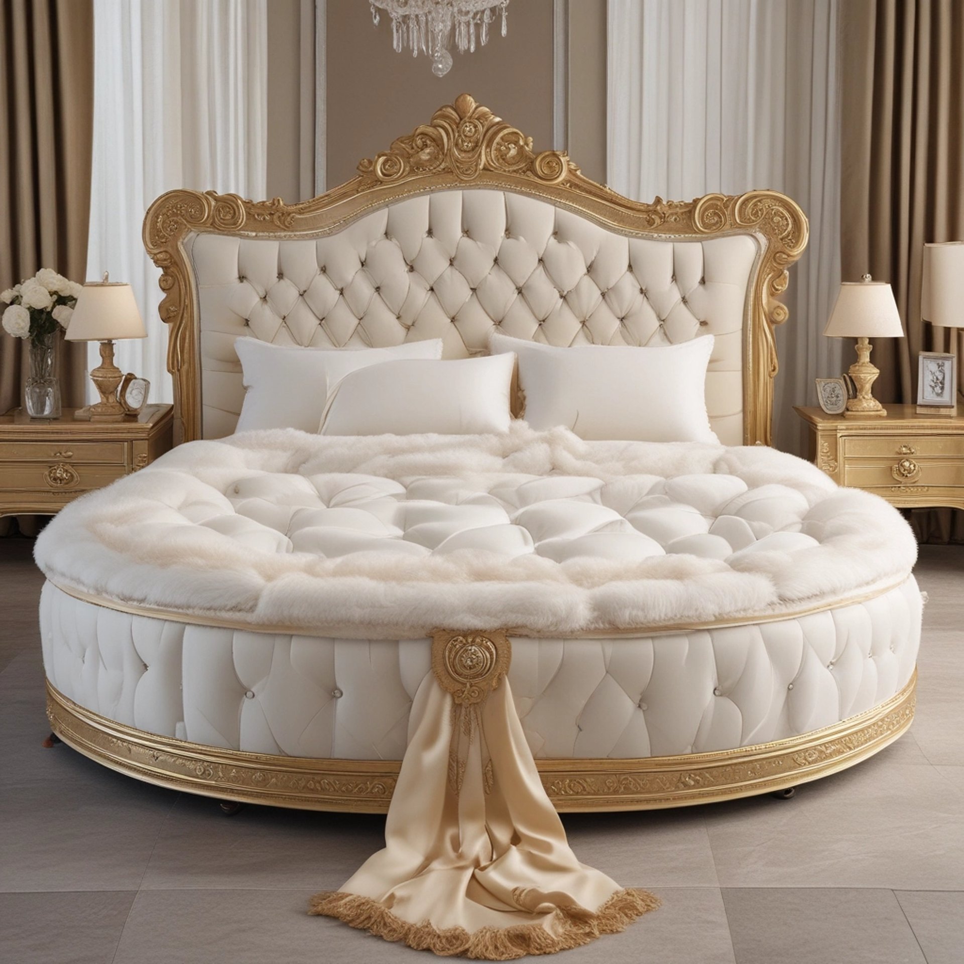 A neatly made bed with a patterned mattress and pillows.