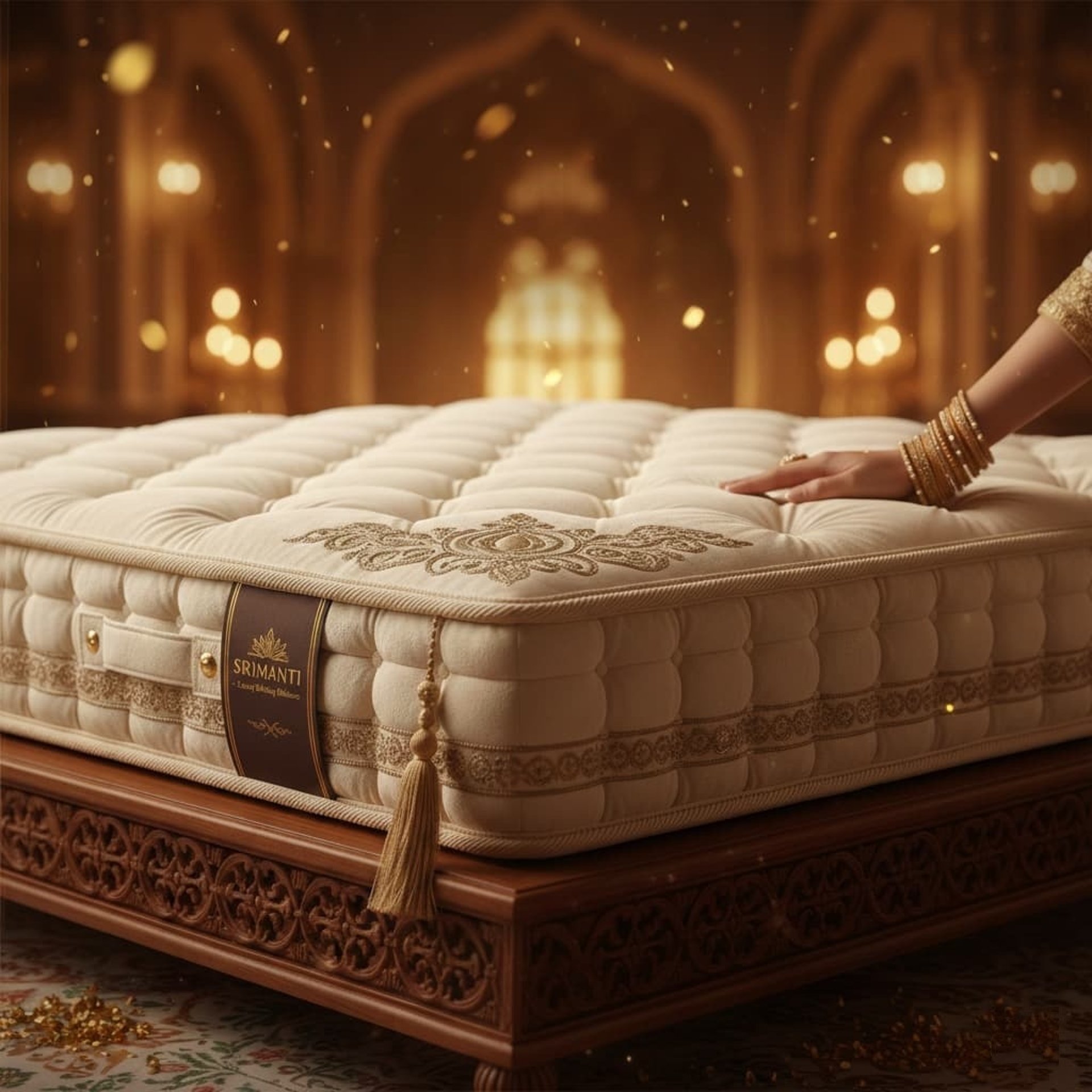 A neatly made bed with a patterned mattress and pillows.