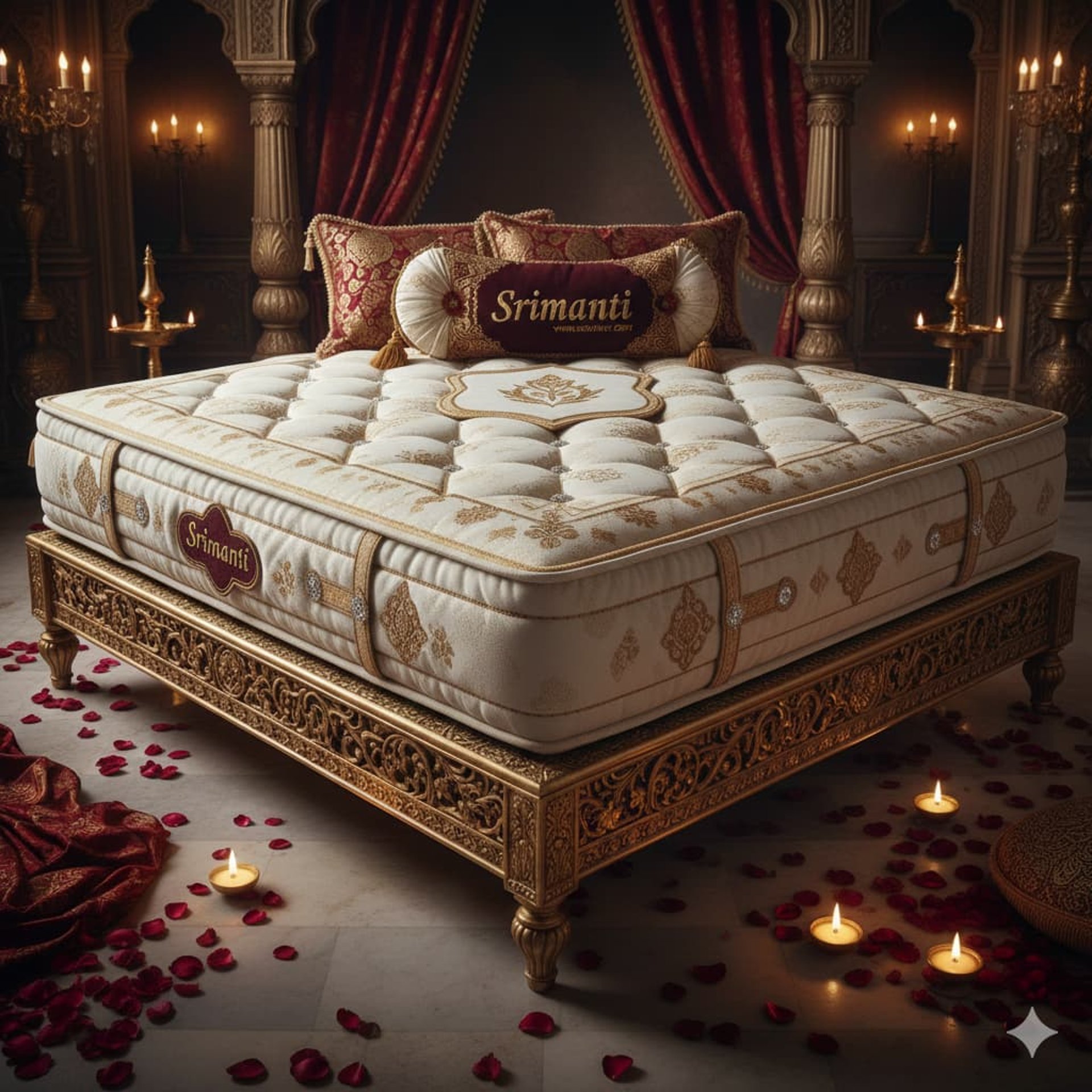 A neatly made bed with a patterned mattress and pillows.