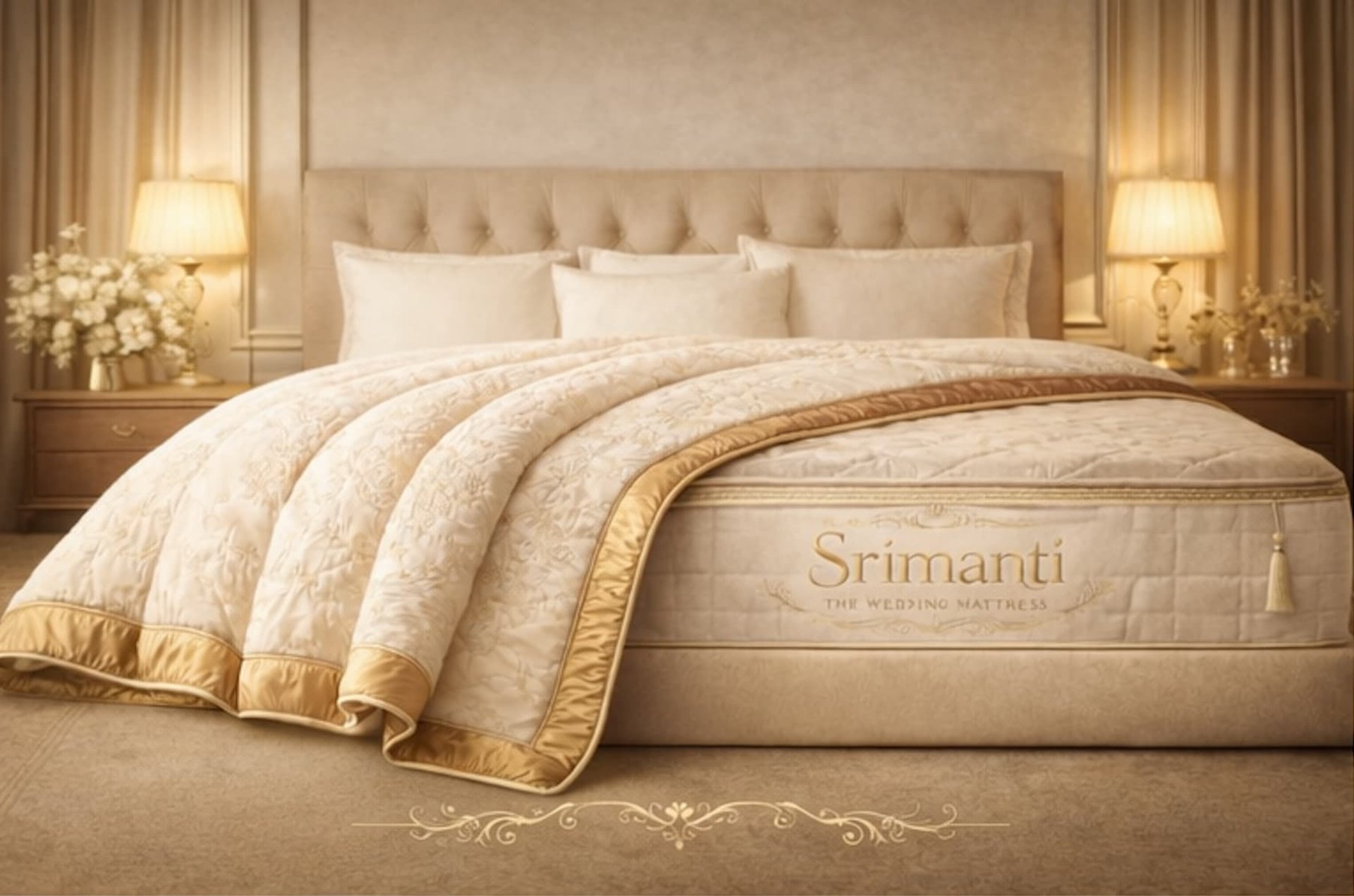 A neatly made bed with a patterned mattress and pillows.