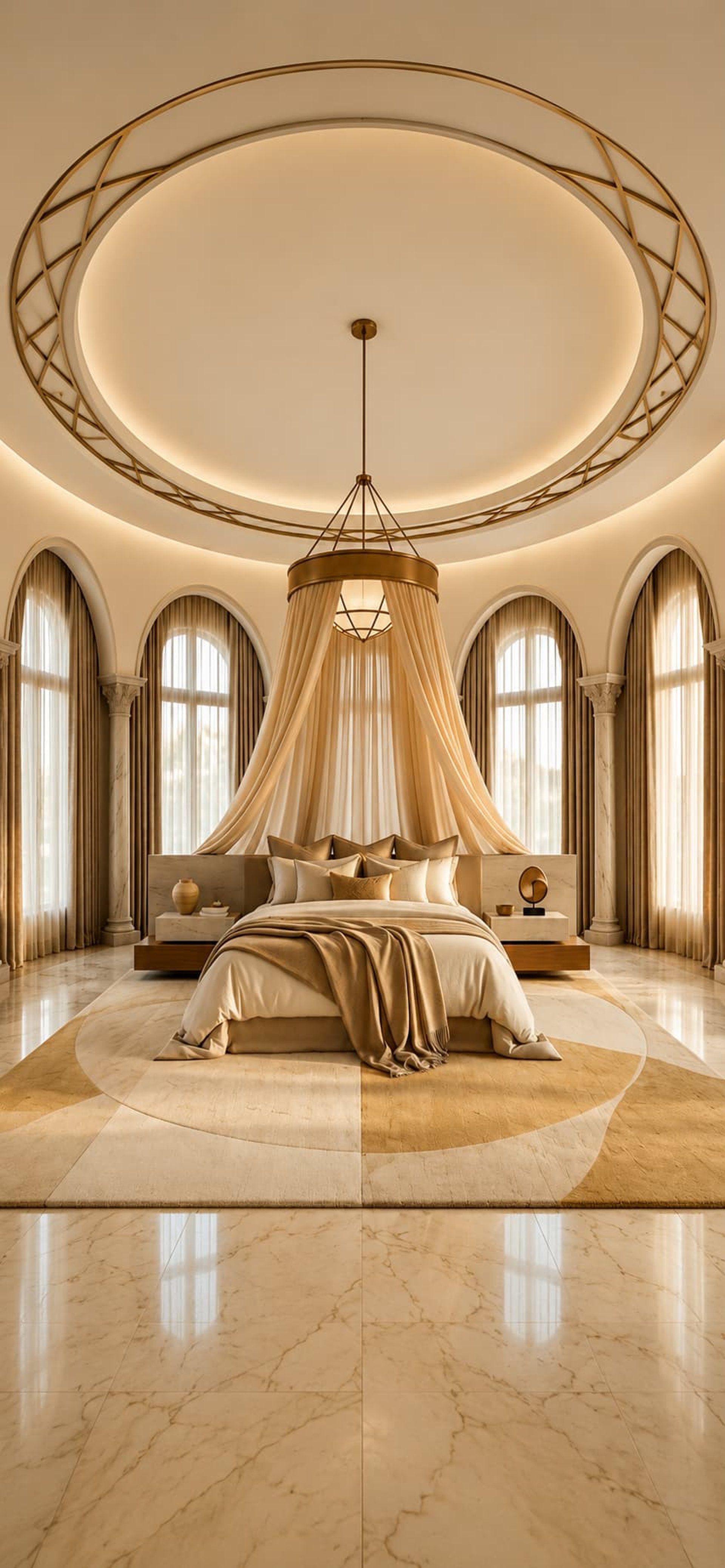 A neatly made bed with a patterned mattress and pillows.