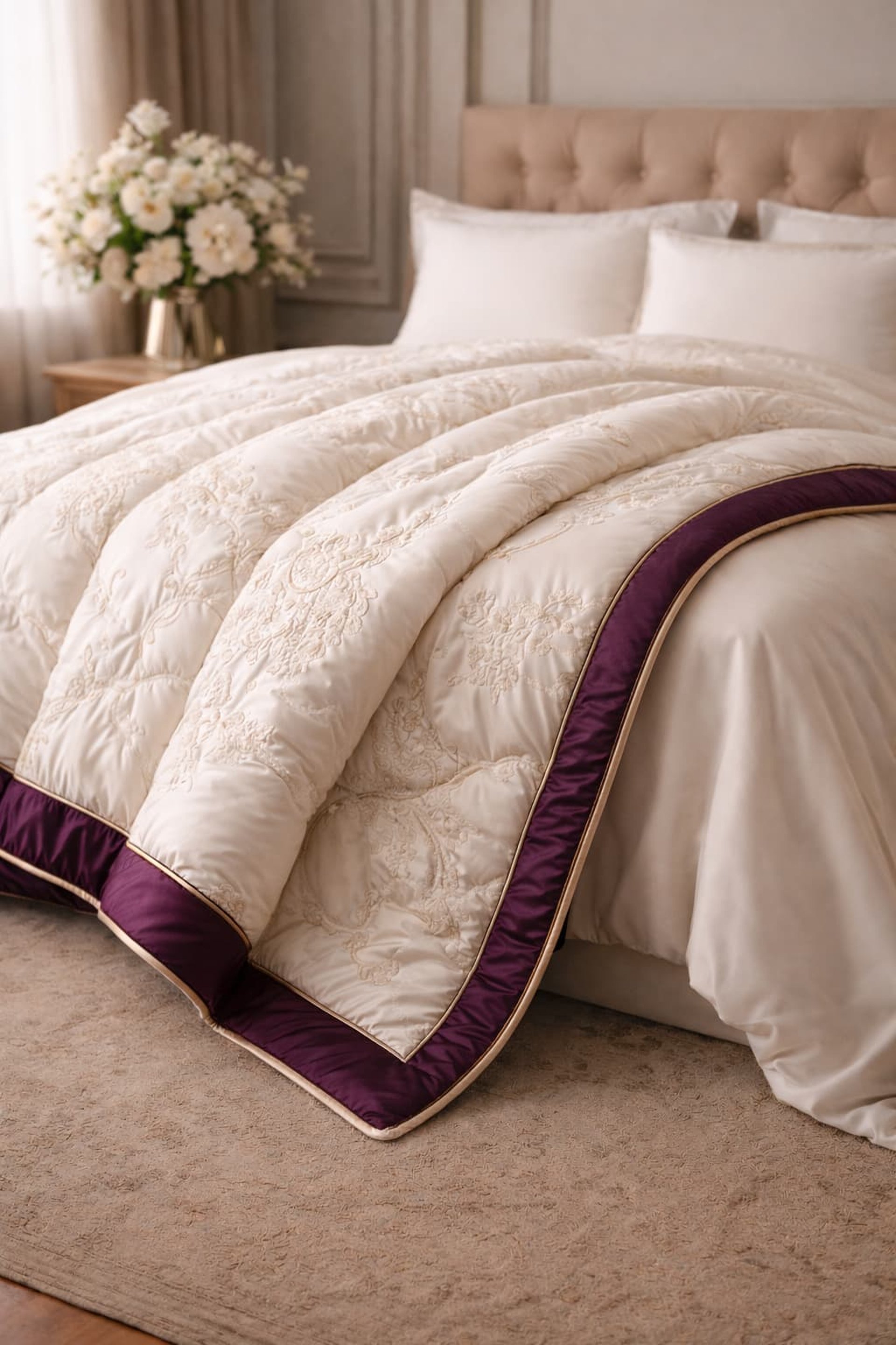 A neatly made bed with a patterned mattress and pillows.