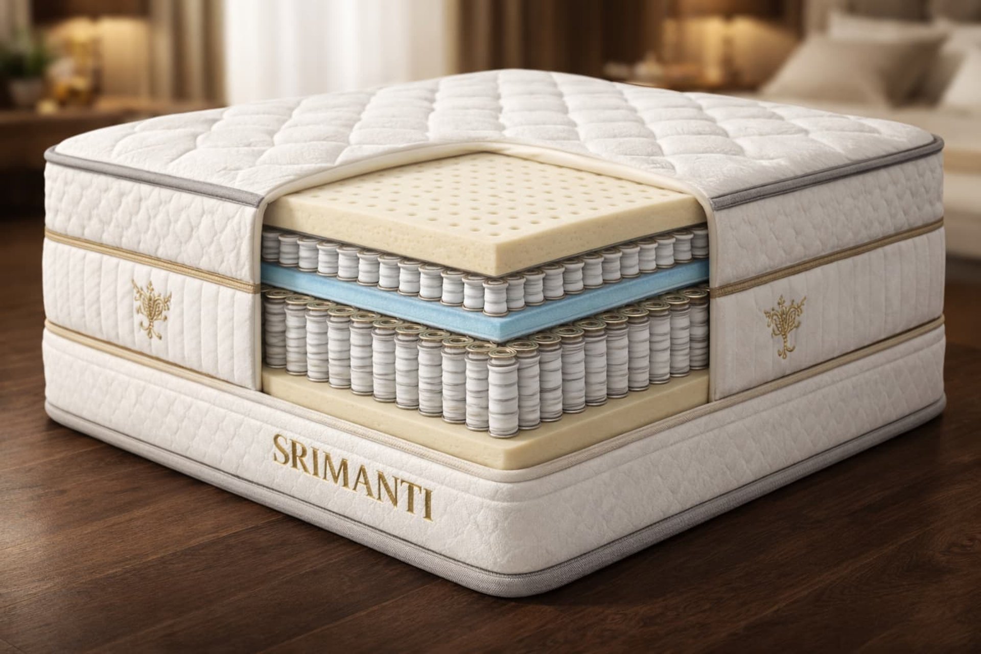 A neatly made bed with a patterned mattress and pillows.