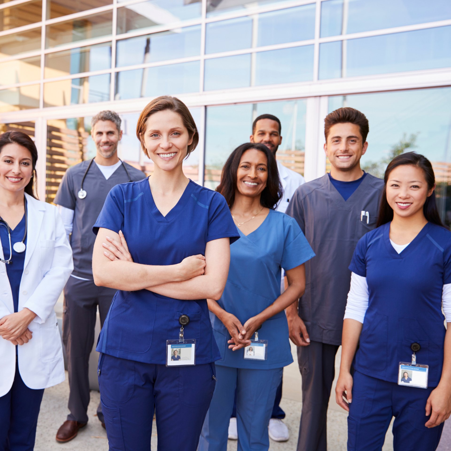 Diverse team of international nurses working together in Saudi Hospital