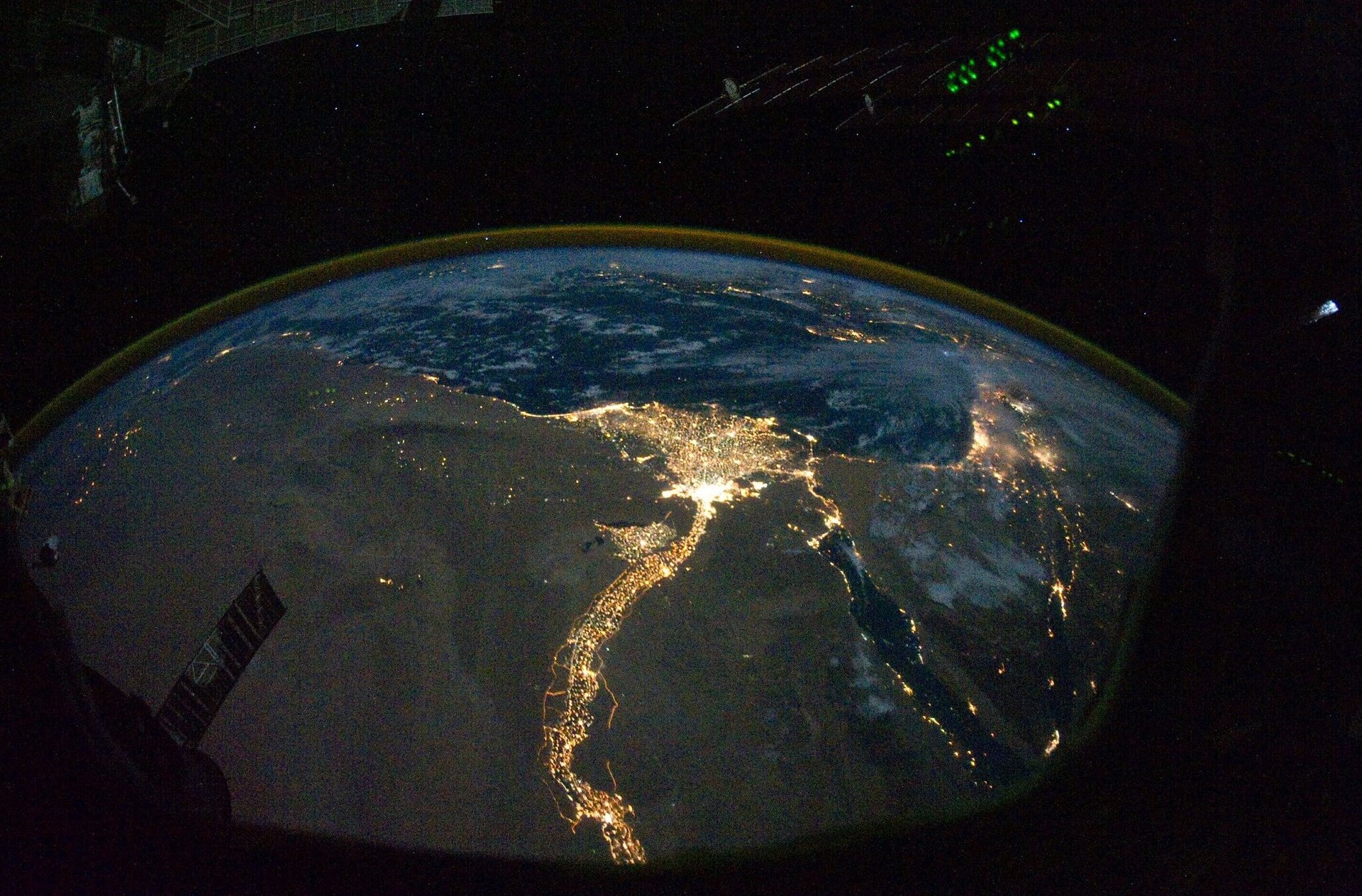 Satellite image of illuminated Earth at night, focusing on Middle East, Nile Delta and Persian Gulf