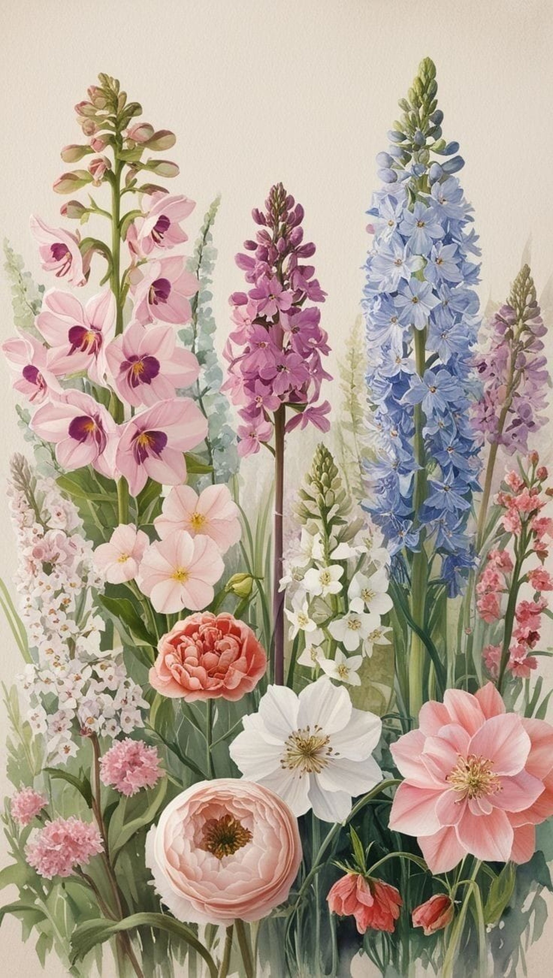 flores silvestres como delphinium, dedalera, peonia, anemona y dalia en color pastel