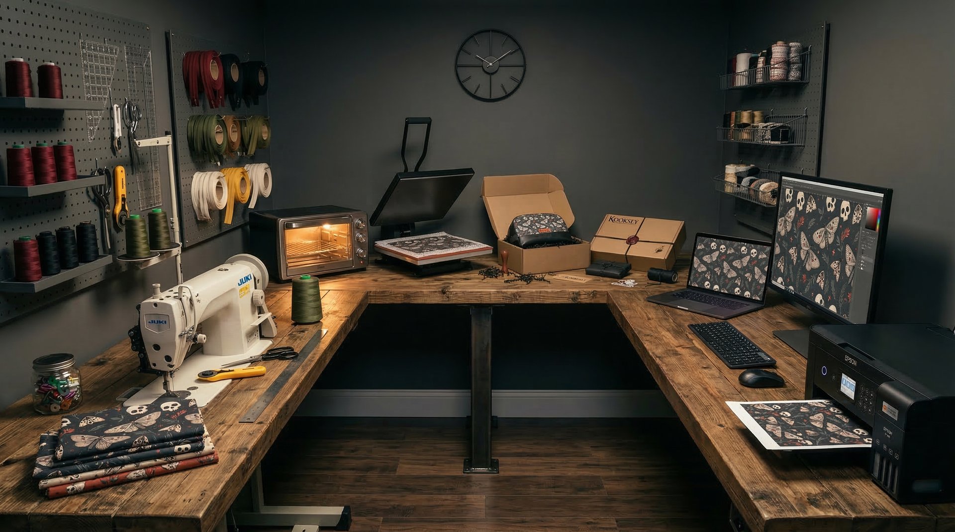Inked & Stitched artisan studio: Juki industrial sewing machine, heat press, and bird skull logo on a rustic wooden desk..