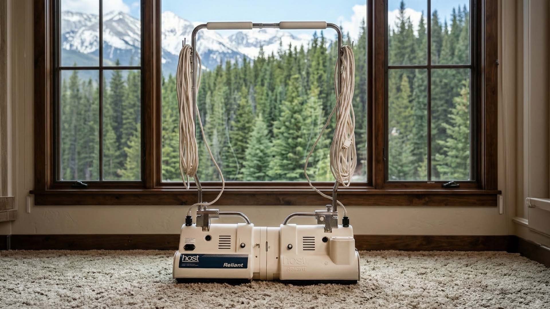 HOST dry carpet cleaner, on beige carpet. Room with large windows and scenic snowy mountain pine forest view.