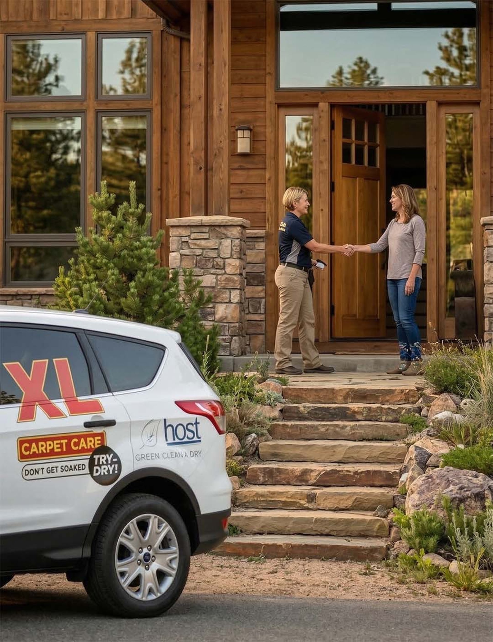 XL Carpet Care service van parked at a home for professional low-moisture carpet cleaning in Evergreen