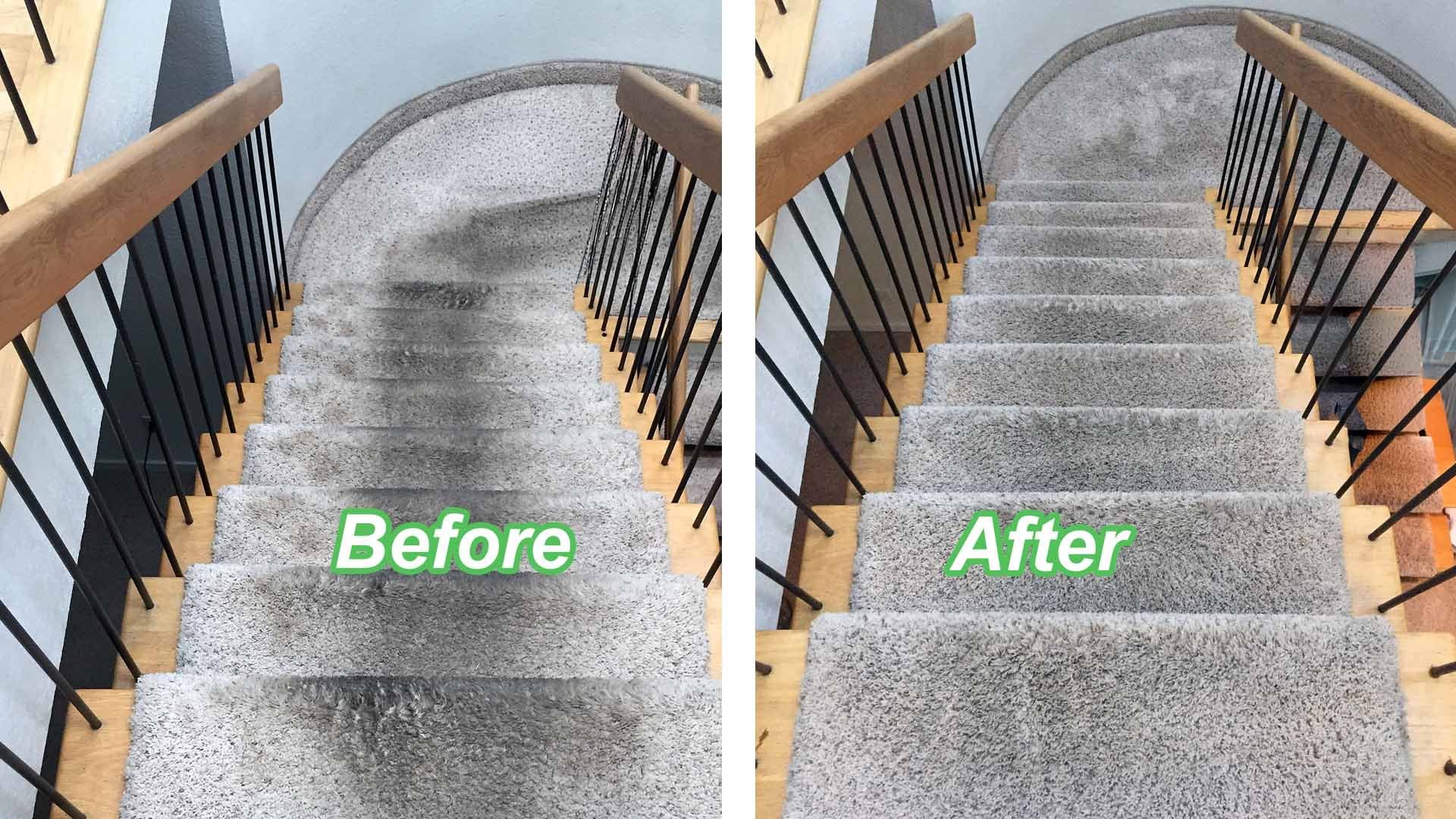 Before and after of deep carpet cleaning on high traffic stairs in Evergreen, CO.