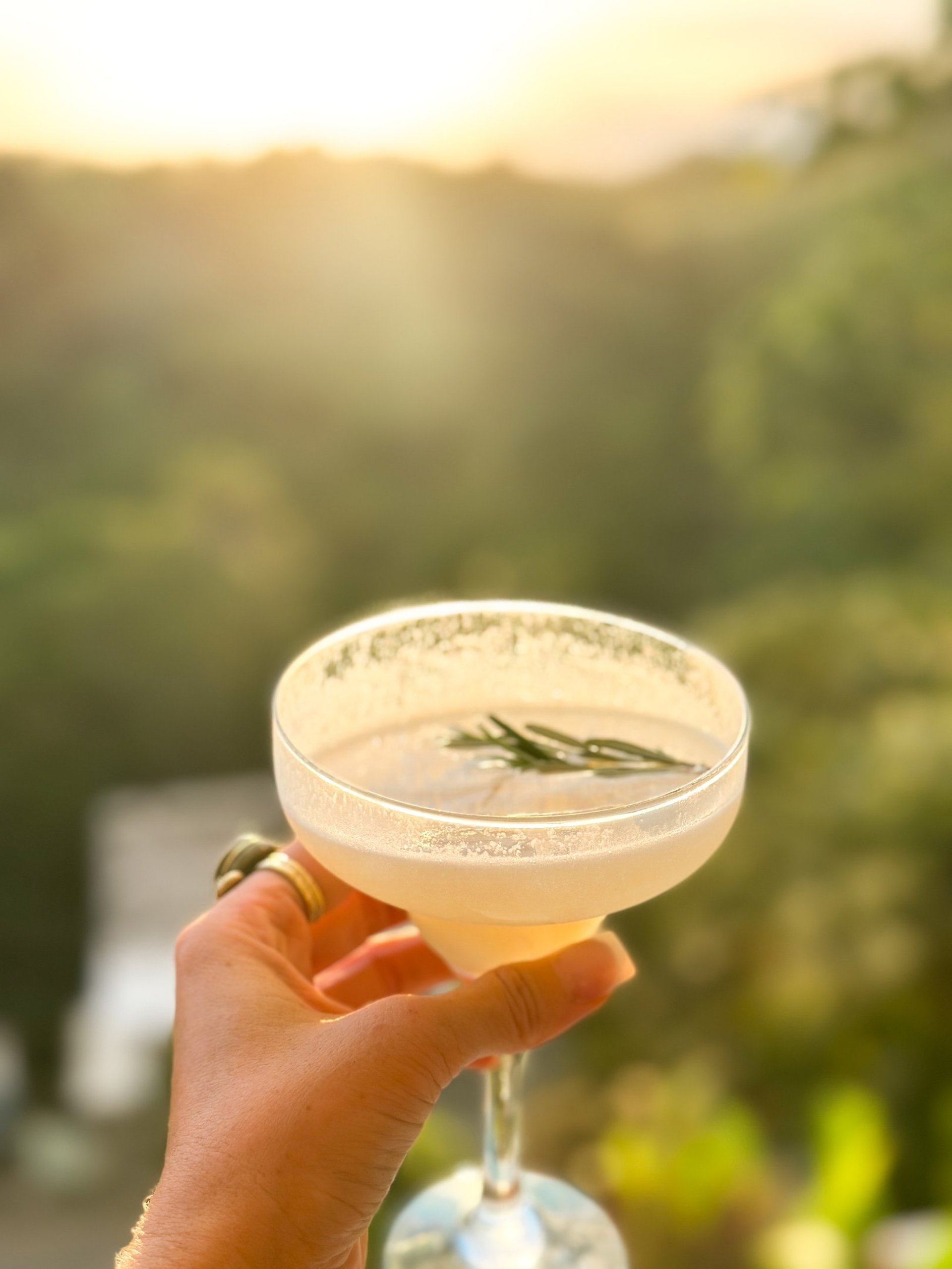 A bartender holds colorful, garnished cocktails.