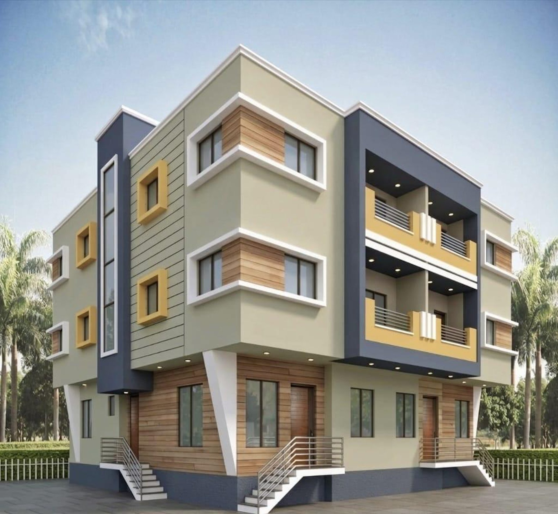 architectural photography of brown and blue house