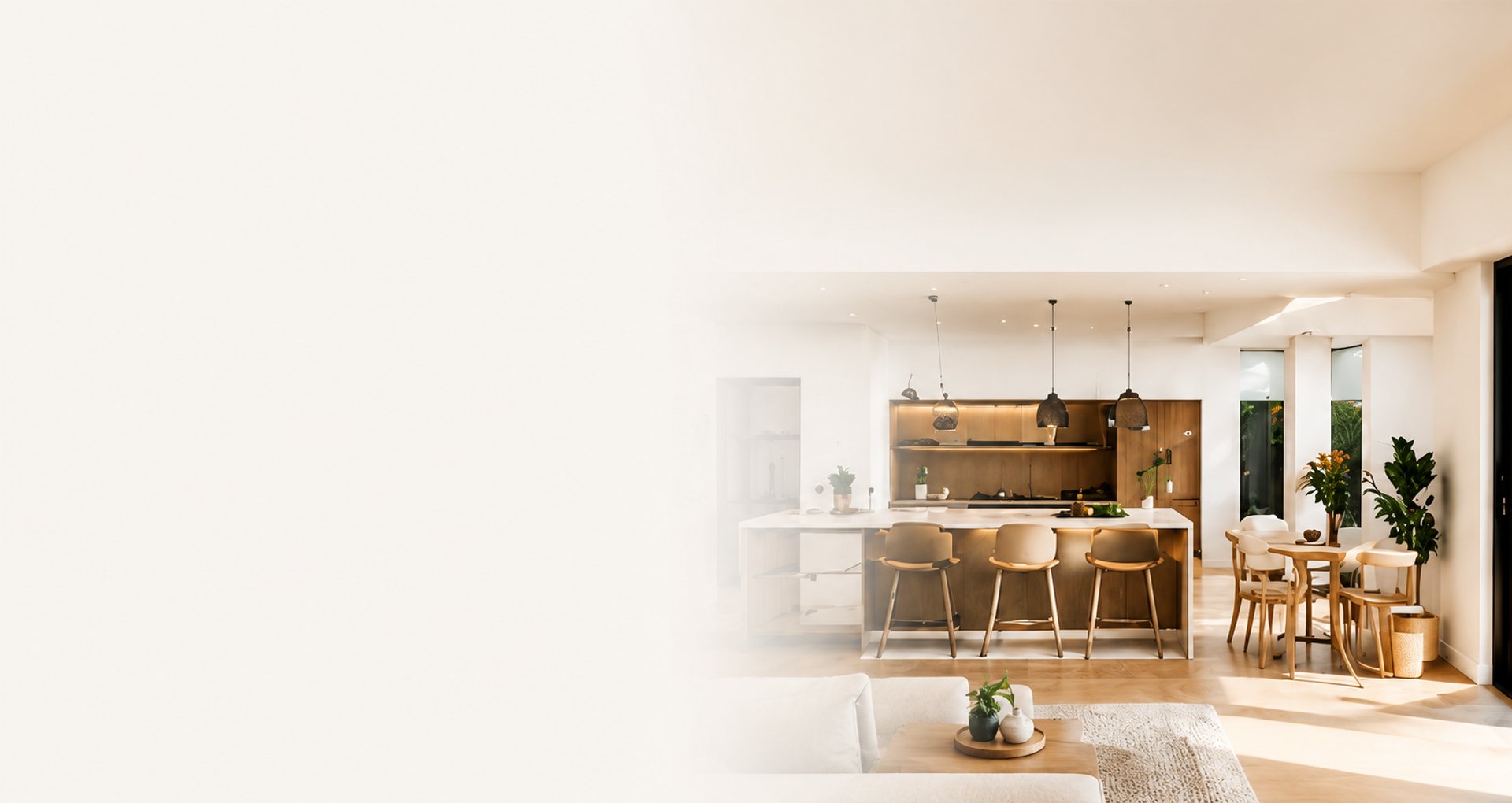 a modern kitchen with marble counter tops and stools