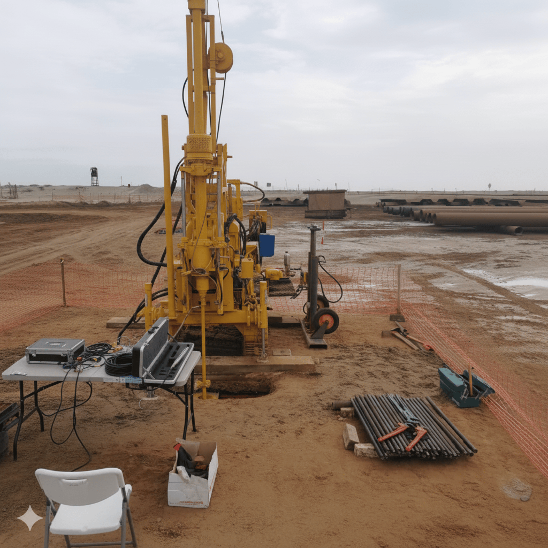 a man standing next to a yellow and black tripod