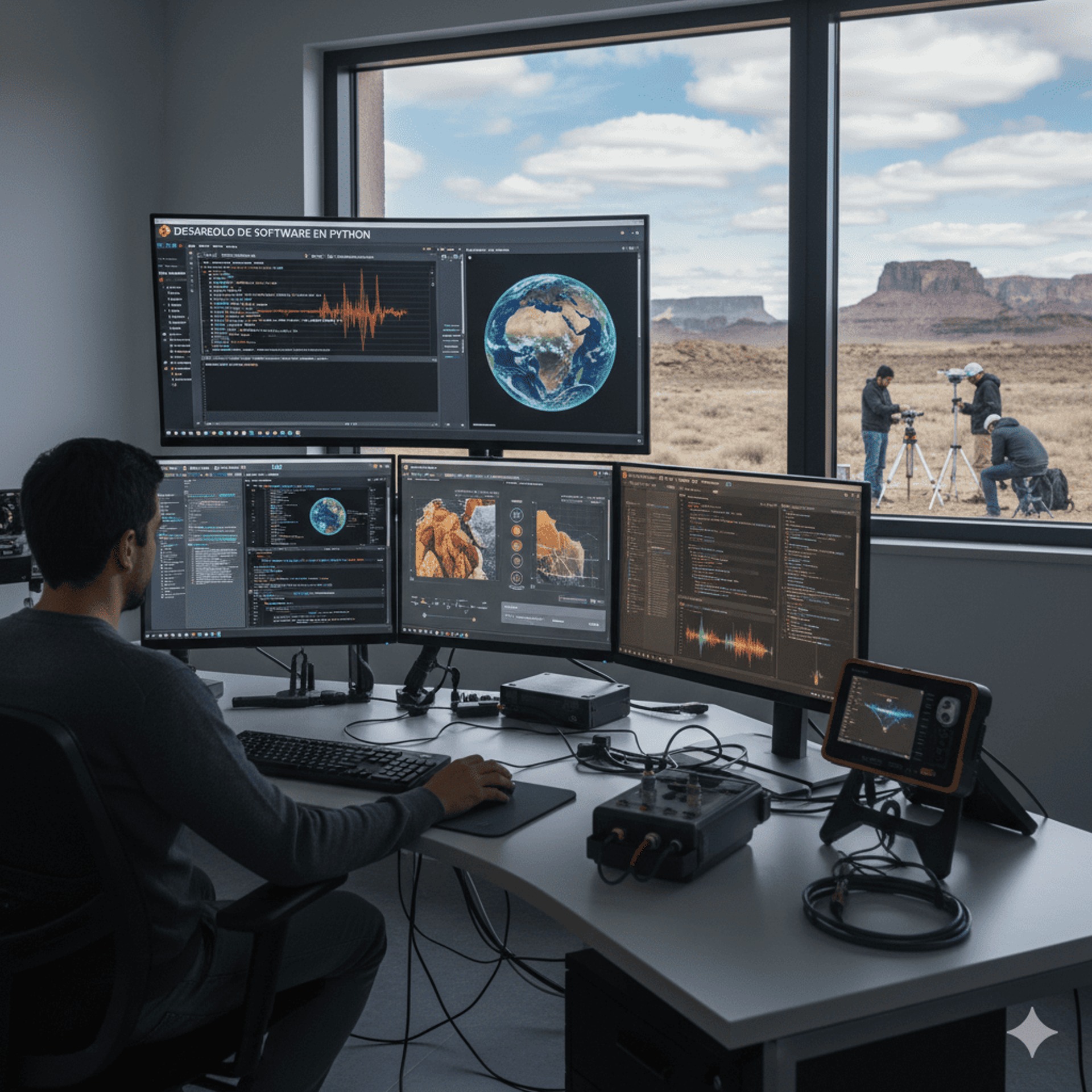 a man standing next to a yellow and black tripod