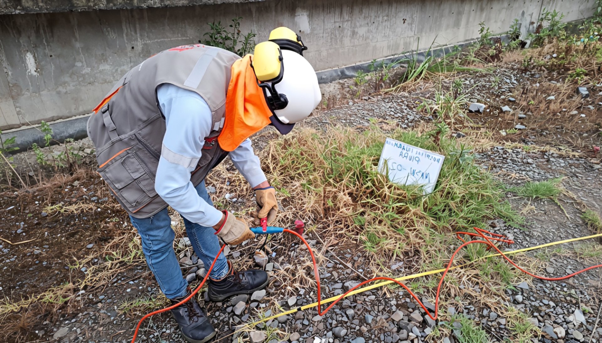 a man standing next to a yellow and black tripod