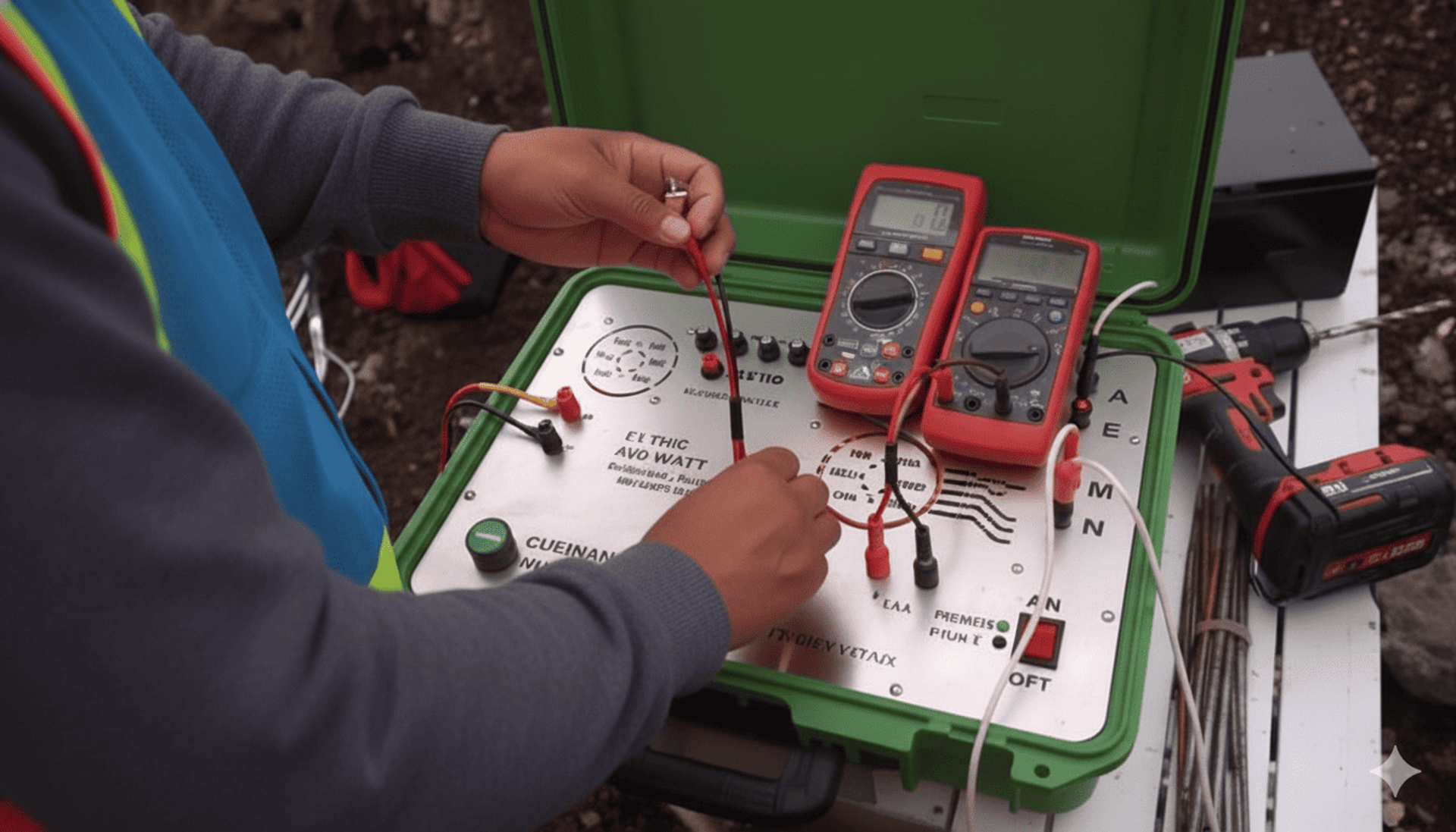 a man standing next to a yellow and black tripod