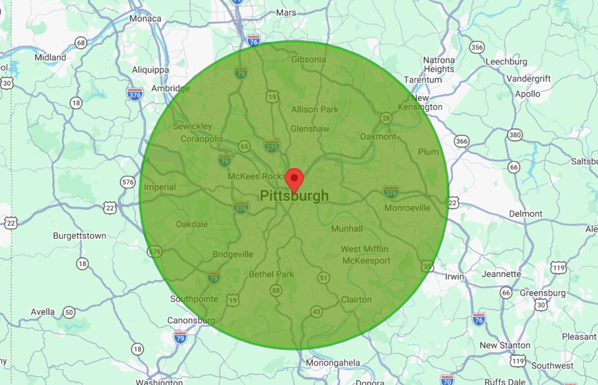 Pittsburgh Plus 15 Miles Map