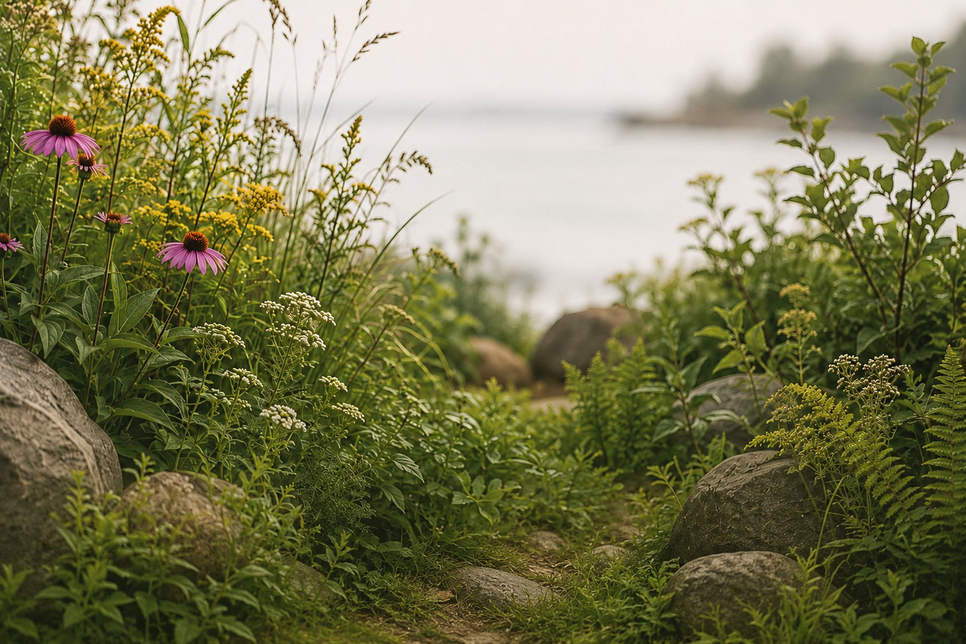 Rocky coastline at sunset with calm ocean waters