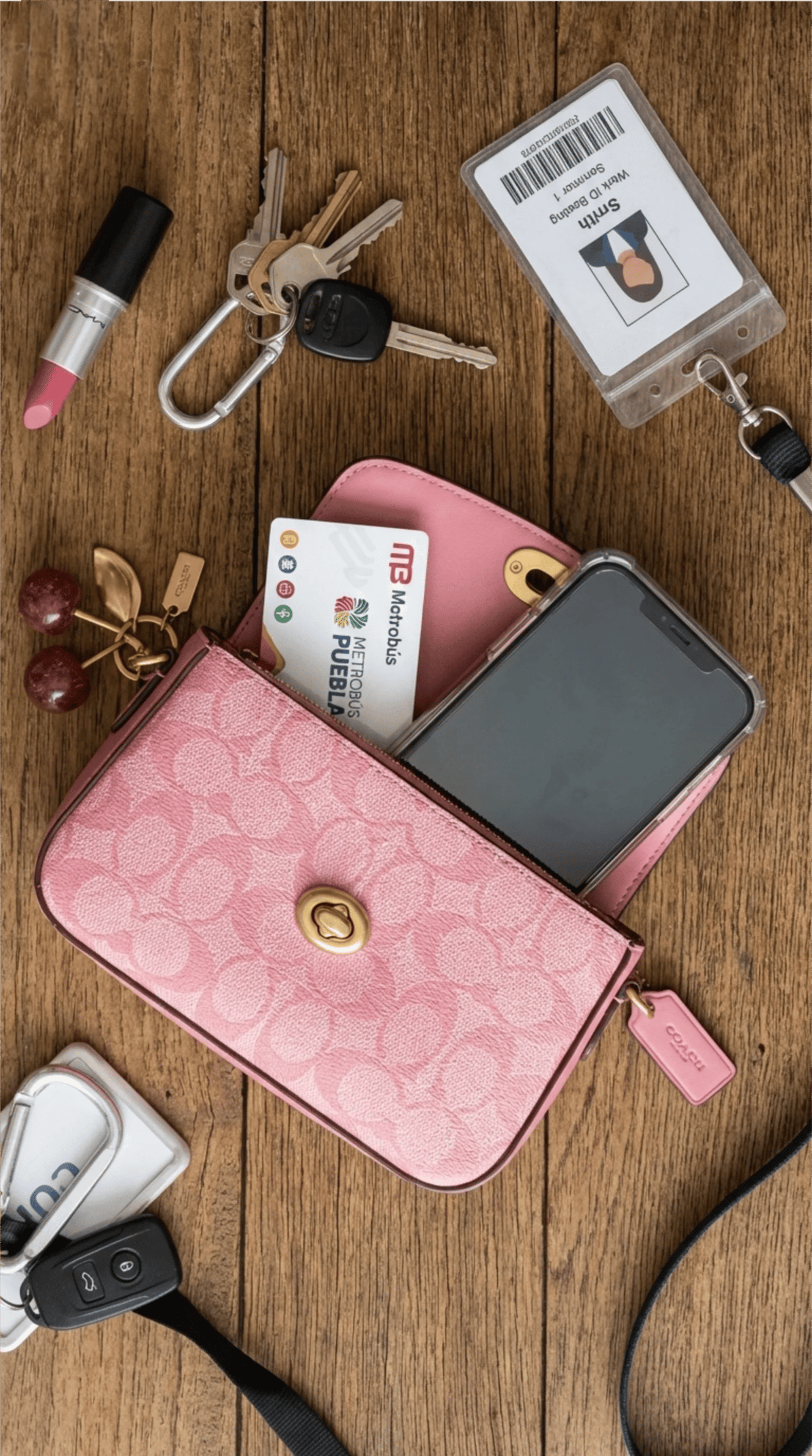 Bolso sobre madera con artículos