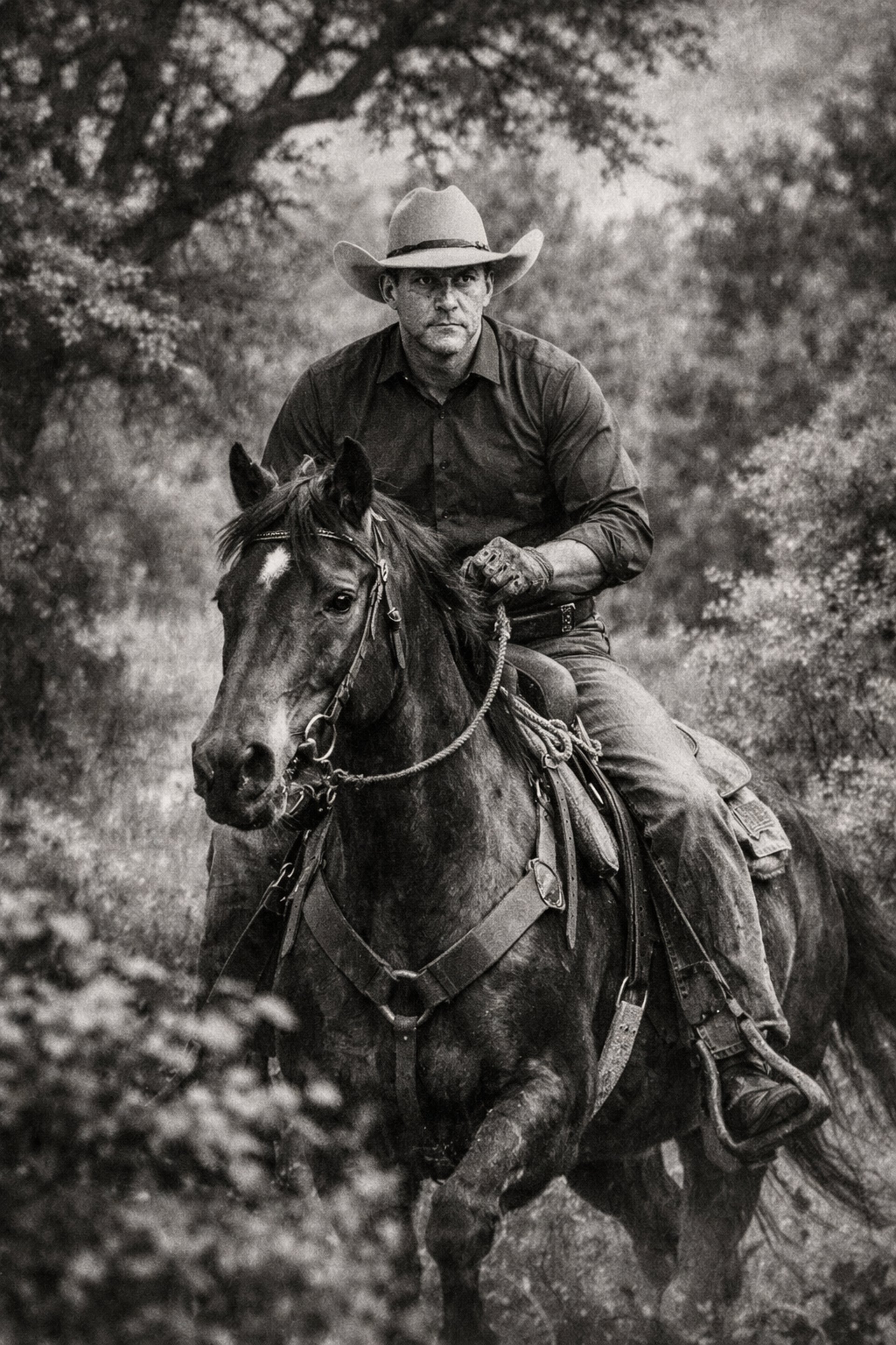 A dark horse walks in a fenced enclosure.