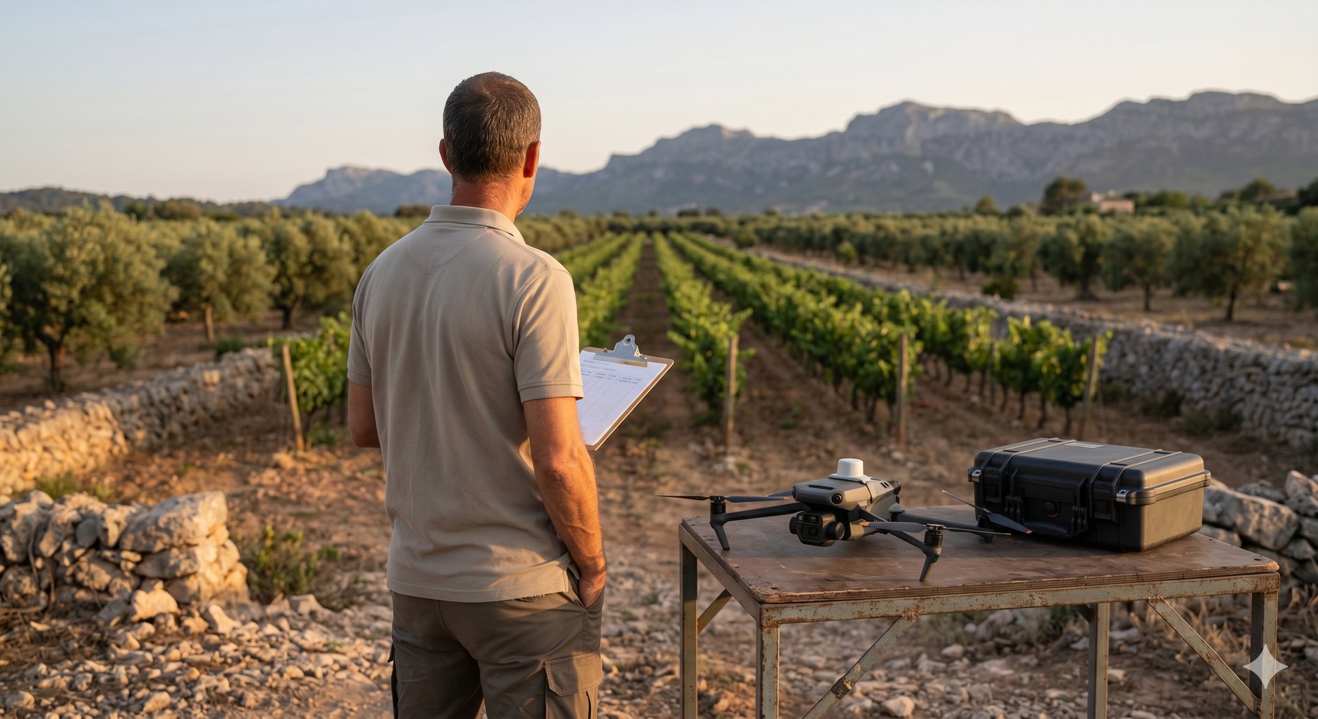 Técnico de AGRODATA IB con el dron dji mavic 3 multiespectral en una viña.