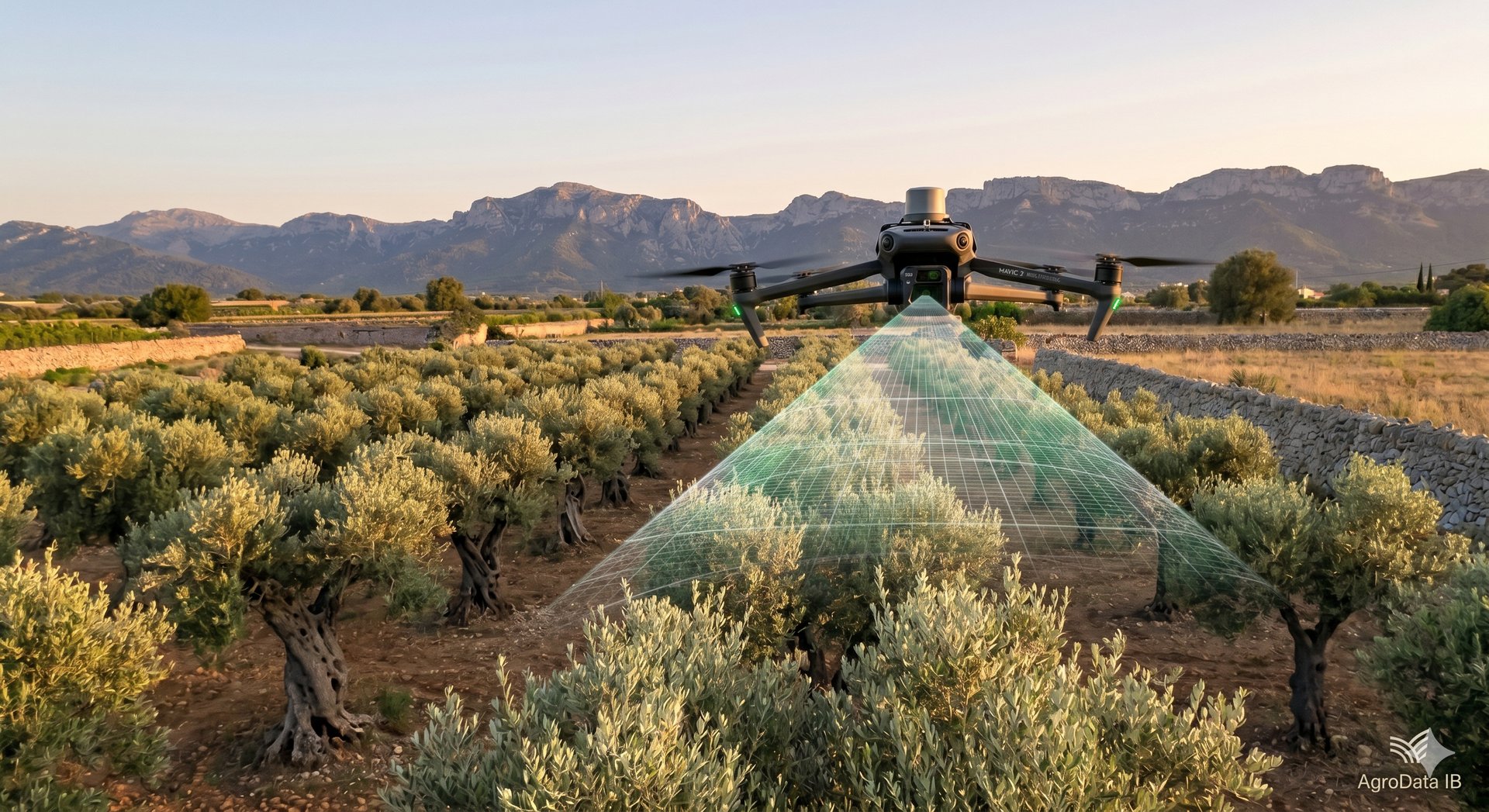 Dro Multiespectral escaneando un olivar en Mallorca. Agricultura de precisión y Smart Farming para olivos en Baleares.