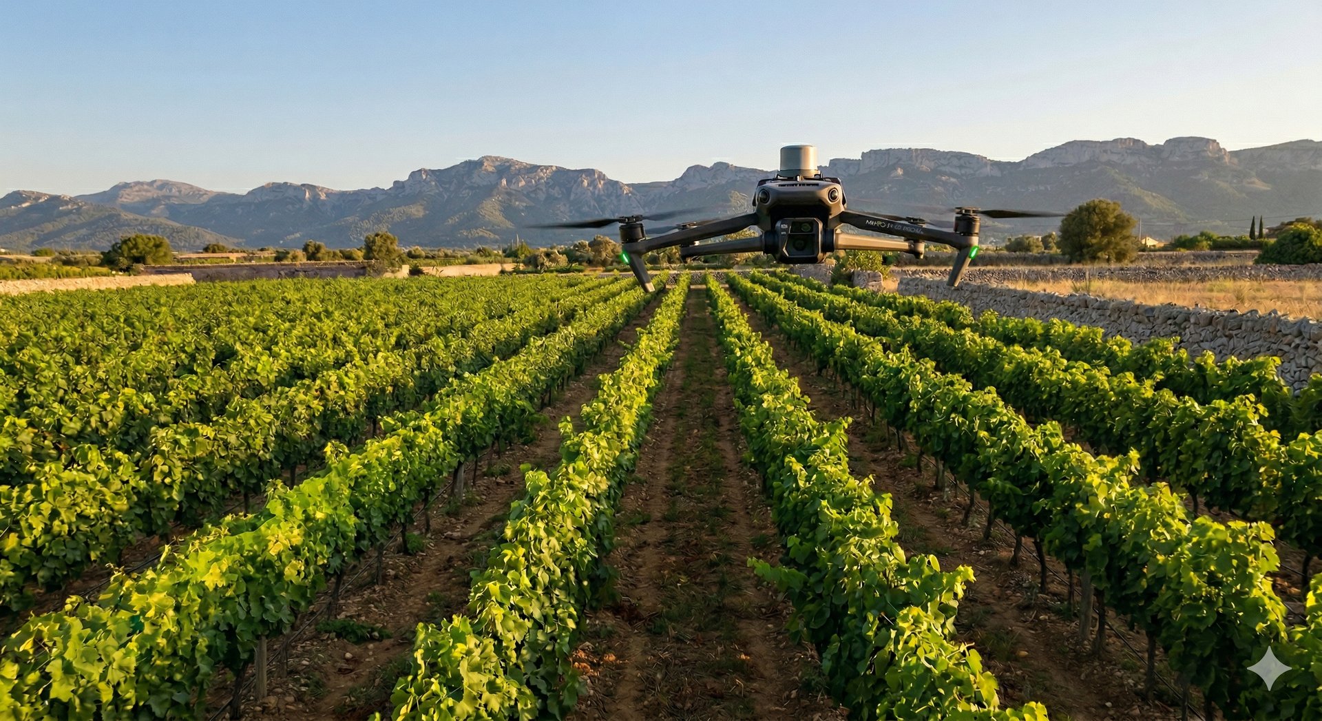 Dron Mavic 3 multiespectral escaneando un viñedo en Mallorca. Agricultura de precisión para viticultura en Baleares.