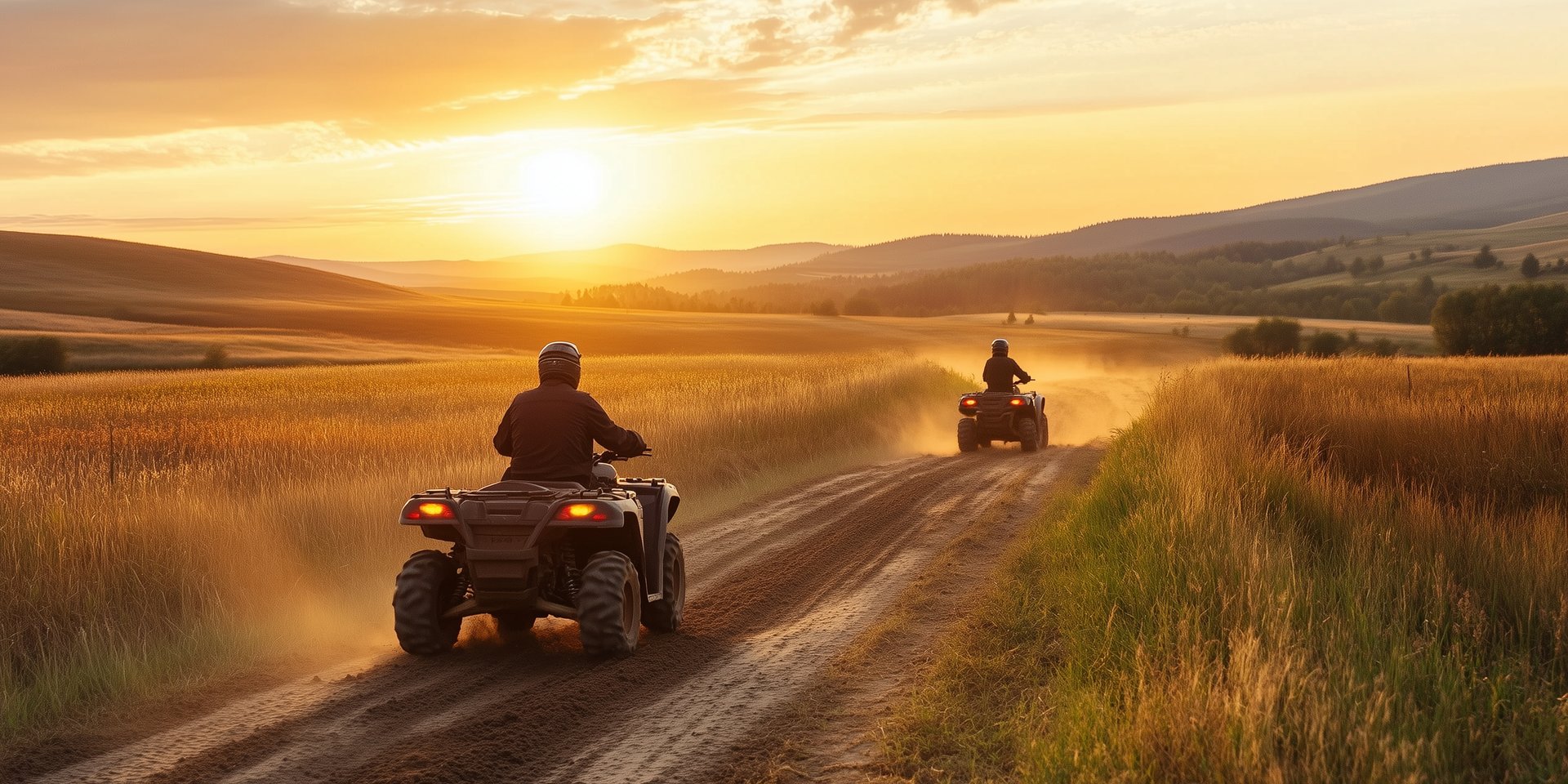 focus photography of ATV's falling in line on grass field