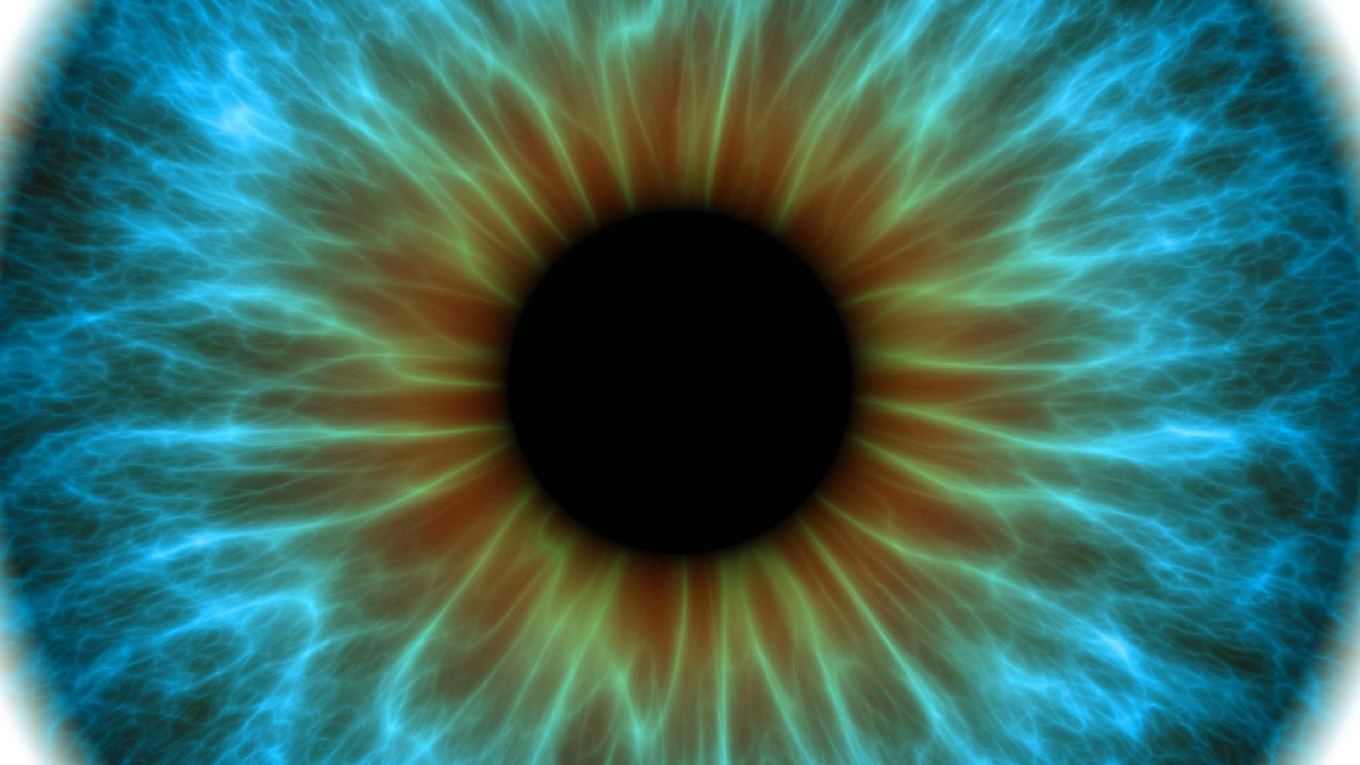 Iris bleu vu de près, semblant ouvrir sur un autre monde, symbolisant l'éveil des capacités extrasensorielles et la communica