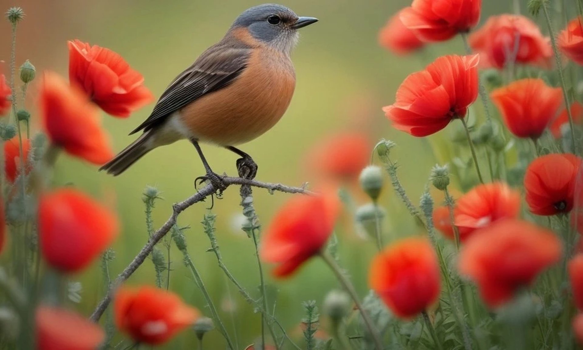 Rouge-gorge dans champ de coquelicot