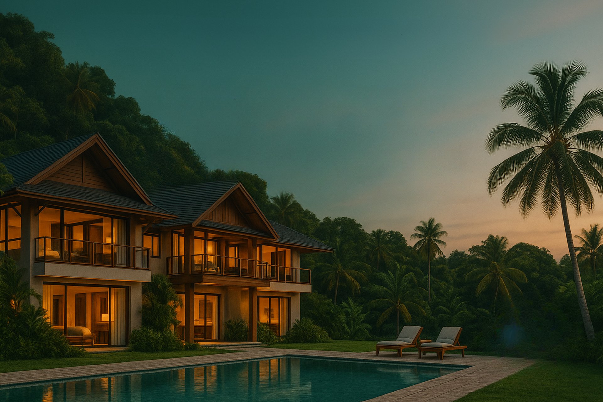alt="Hôtel caribéen illuminé à la tombée de la nuit, avec sa piscine scintillante et une ambiance chaleureuse et immersive"