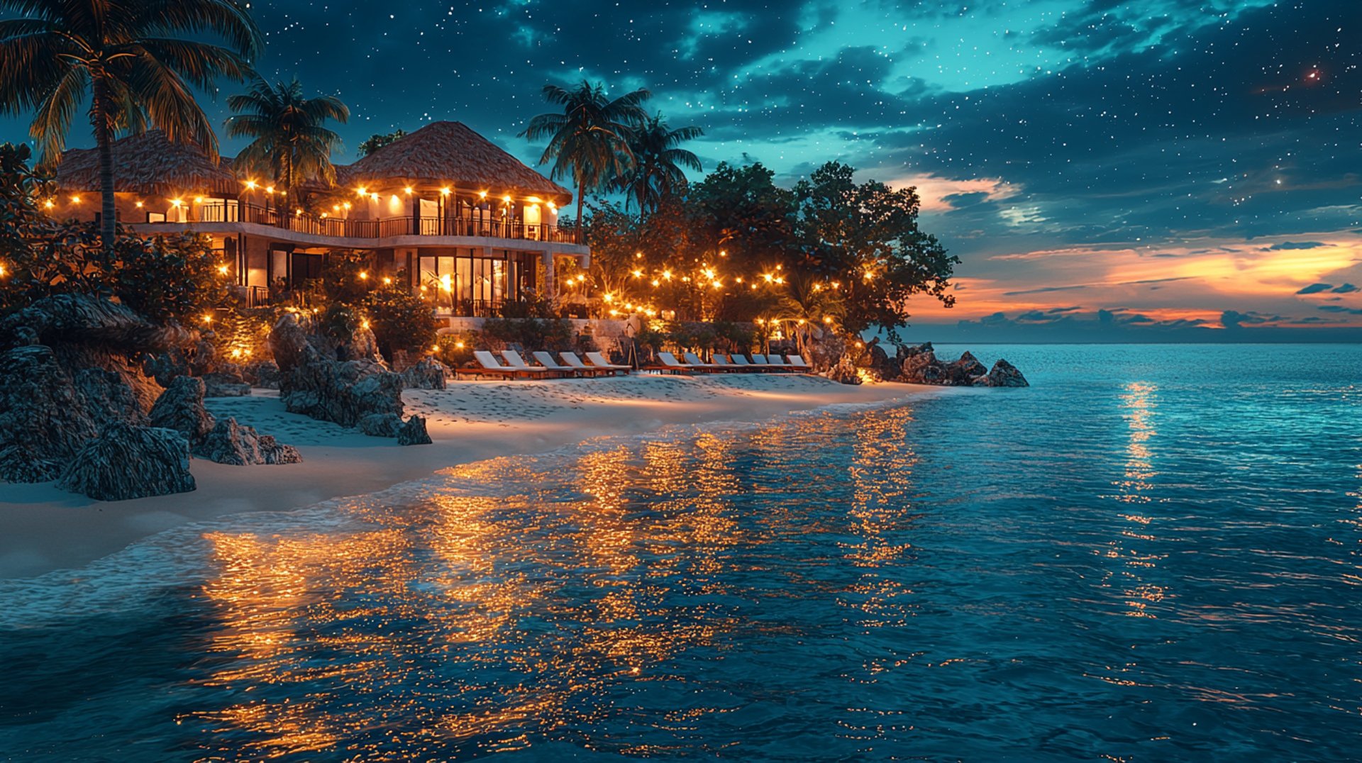 Visuel haut de gamme d’un hôtel boutique caribéen en bord de mer au coucher du soleil, architecture élégante et végétation tr