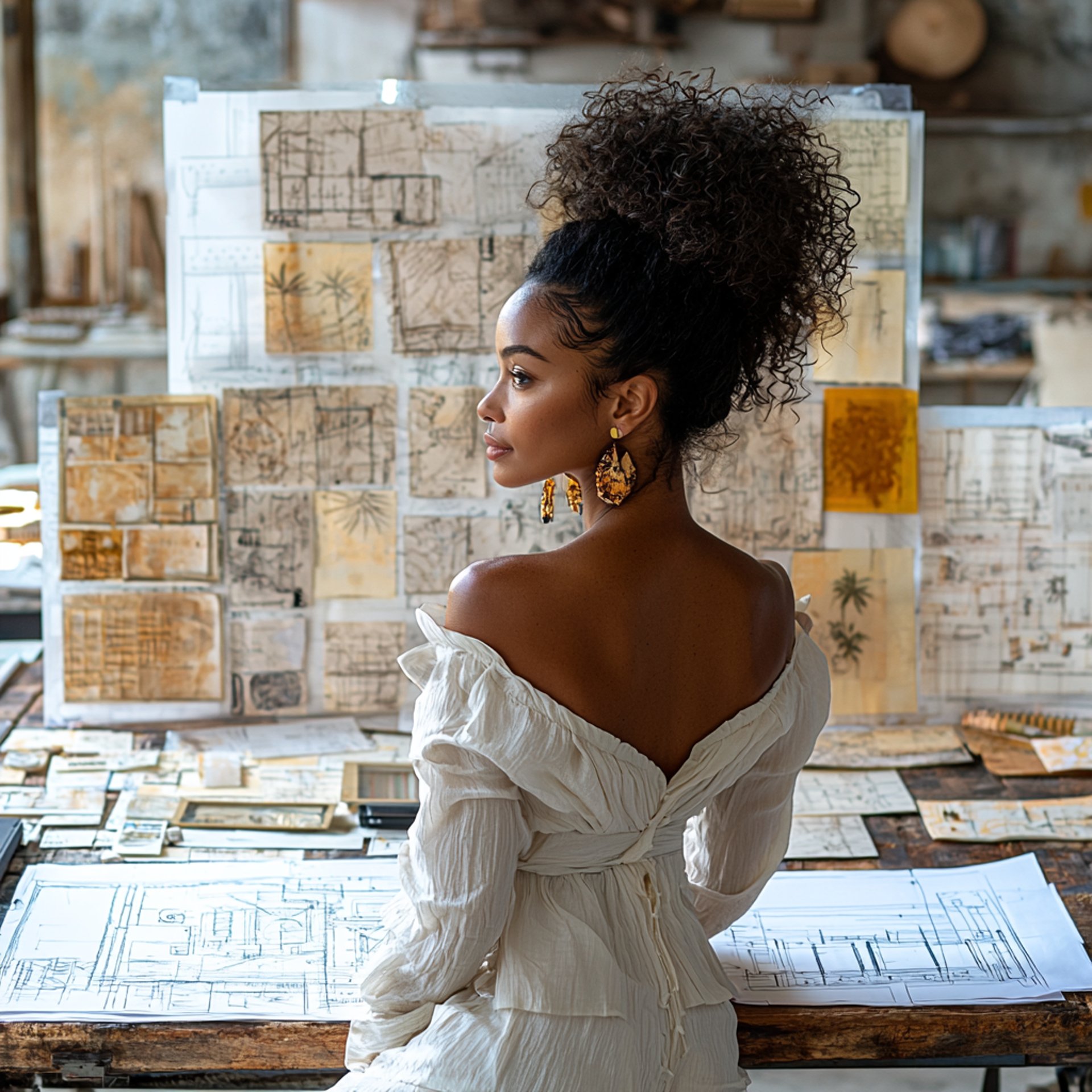 Lucia, designer d’intérieur spécialisée dans les locations de vacances haut de gamme durables, en pleine réflexion créative p